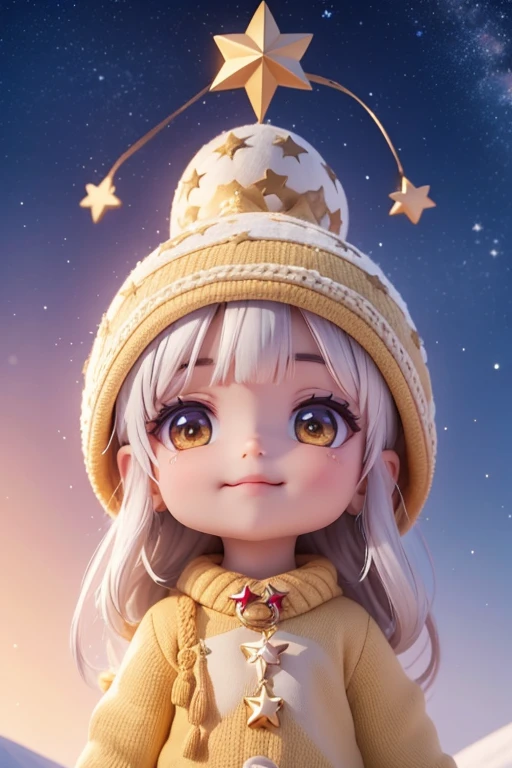 Duende navidad, sonriendo, estrellas en los ojos, rojo crujiente, luz radiante, copo de nieve grande en primer plano. Navidad misteriosa, magical charm. magic stars, (la mejor calidad, 8k, high resolusion, tmasterpiece:1.2), caprichoso, (cielo lleno de estrellas, la estrella del norte brilla).