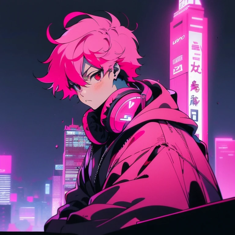 (short-cut), (Two-block hair), (vivid pink hair), (male character), (Red Eyes), (Cool pose), (of the highest quality), (masterpiece), (ultra-detailliert), (Oversized hoodies), (Street), (neons), (Camera from a down angle), (Modern City), (neonsデイライト), (Cinematic), (Stylish), (hight resolution), (Hyper Detailed), (Looking at the camera), (Anime-style), (Softtown), (nightcore), (a handsome man), (Listening to music through headphones), (natural appearance of the building), (casual), (ig studios anime style), (Stylish angle of view),