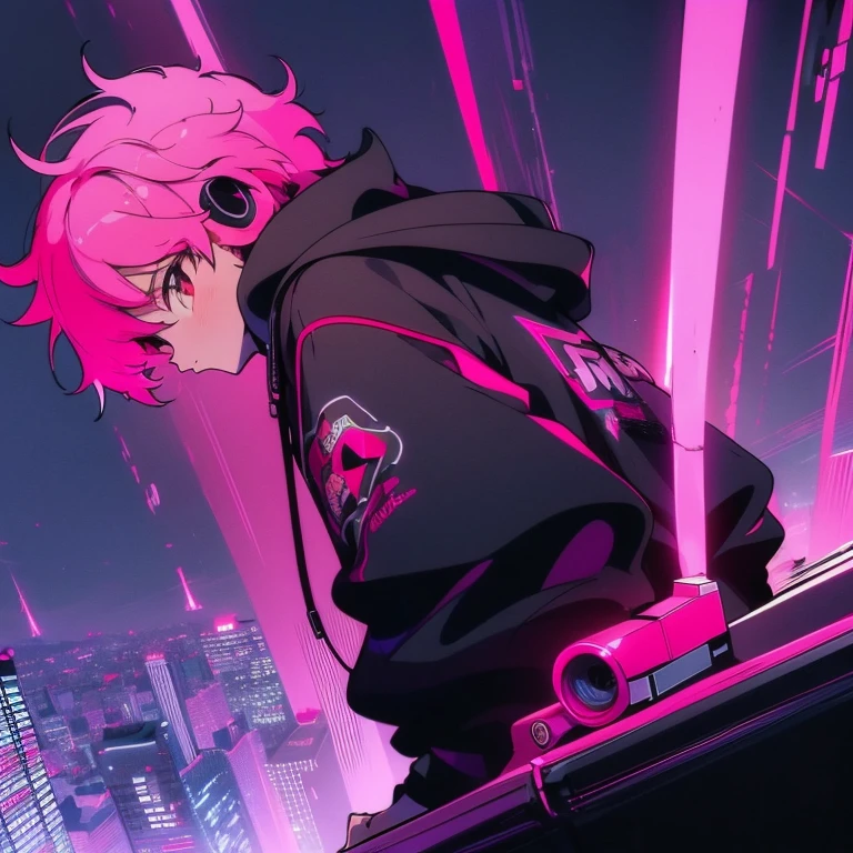 (short-cut), (Two-block hair), (vivid pink hair), (male character), (Red Eyes), (Cool pose), (of the highest quality), (​masterpiece), (ultra-detailliert), (Oversized hoodies), (Street), (neons), (Camera from a down angle), (Modern City), (neonsデイライト), (Cinematic), (Stylish), (hight resolution), (Hyper Detailed), (Looking at the camera), (Anime-style), (Softtown), (nightcore), (a handsome man), (Listening to music through headphones), (natural appearance of the building), (casual), (ig studios anime style), (Stylish angle of view),