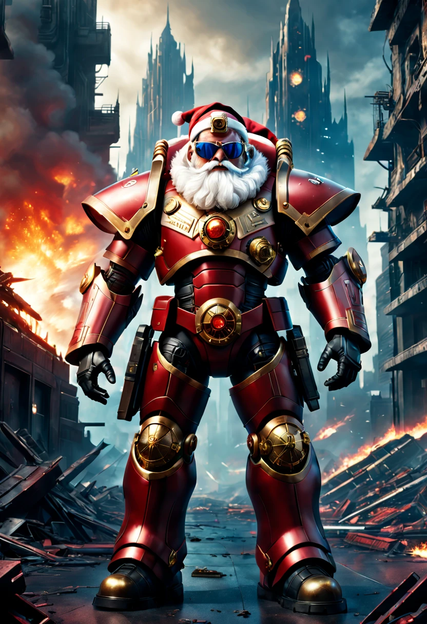 Warhammer 40K universe, cybernetic santa claus,Mechanical suit of red and gold armor,sparkly blue color sunglasses,Intense war-like environment,Destroyed buildings and flames,The background is a futuristic cityscape,Equipped with laser gun and shield,Radar and aiming integrated in Santa hat,severe and threatening atmosphere,Sci-fi cyberpunk aesthetics,High contrast and desaturated tones,Dramatic and dynamic lighting effec quality,4k,highres,masterpiece:1.2),ultra-detailed,(realistic,photorealistic,photo-realistic:1.37)