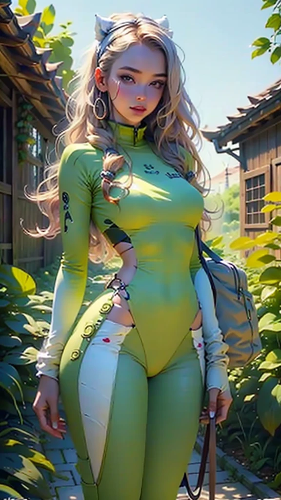 Uma mulher sexy com seios grandes de quatro  usando ia boina dourada jaqueta dourada   em uma estrada com mato baixo serca de arame nudez boina roxa nsfw