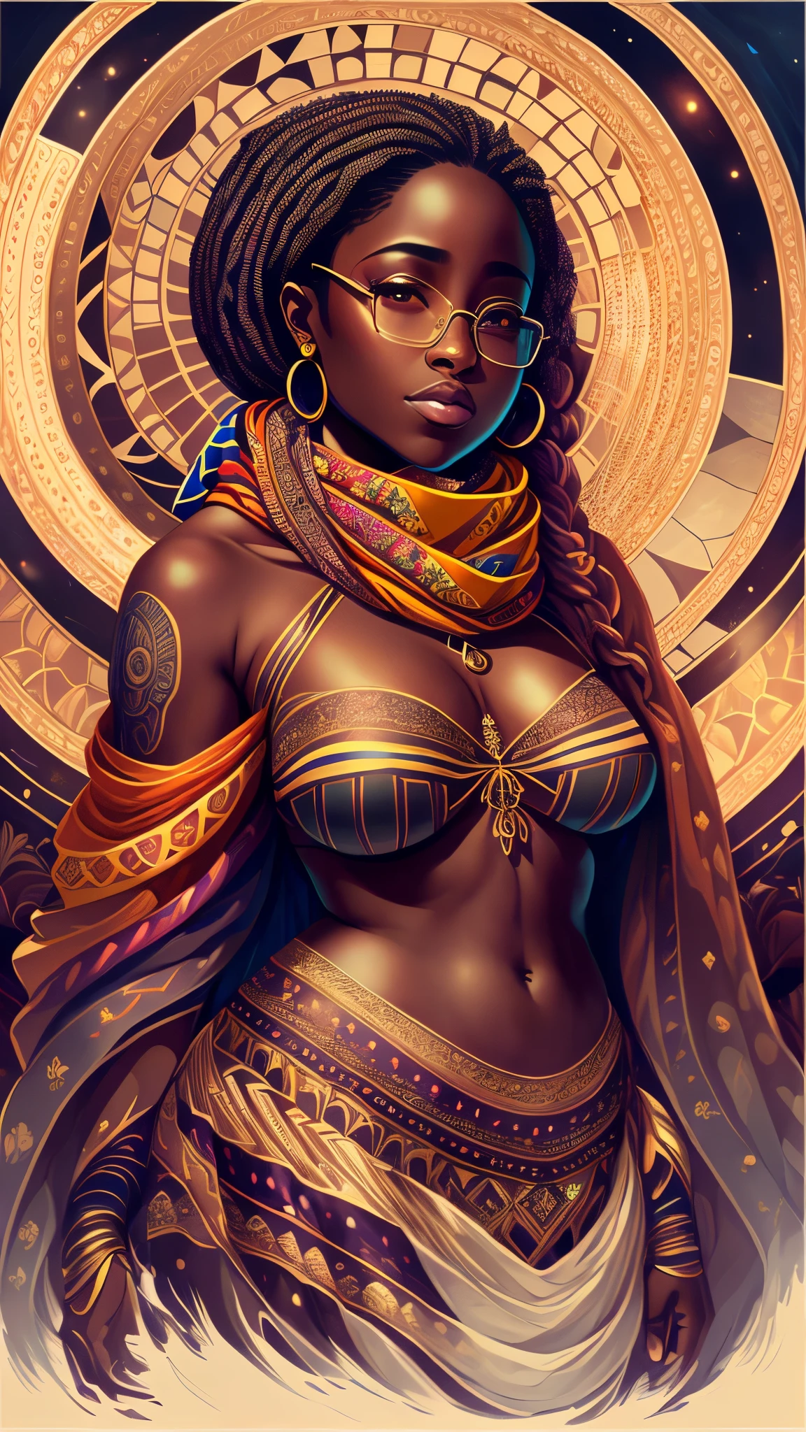 Editorial, a dark skin woman wearing a shwal and scarf, deep melanin, depth of feild, intimate photography, colors: coastal, hips: wide, trapezoidal, thick --auto --s2