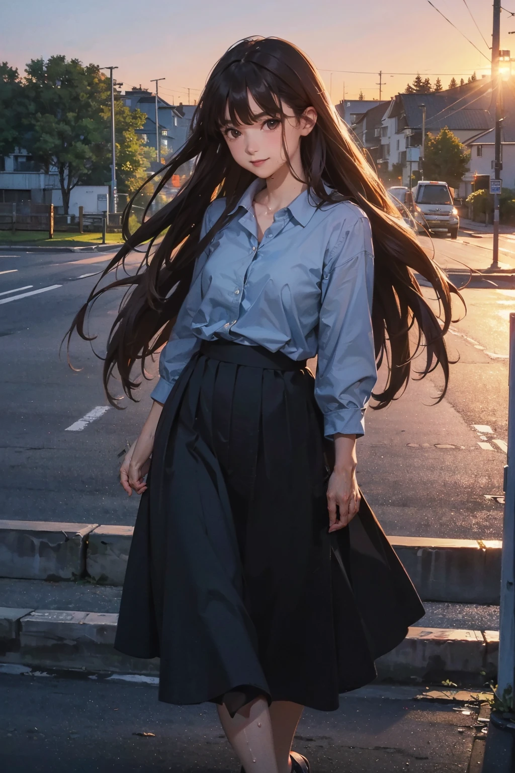 (FULL BODYSHOT、an oil painting、​masterpiece、top-quality、hight resolution、Dark hair、Super long hair、Bangs are aligned、Good mood、Blue shirt、Long long skirt、Sweaty skin、Sunset sky、Thick、I can see the lighthouse、On a street corner in Finland