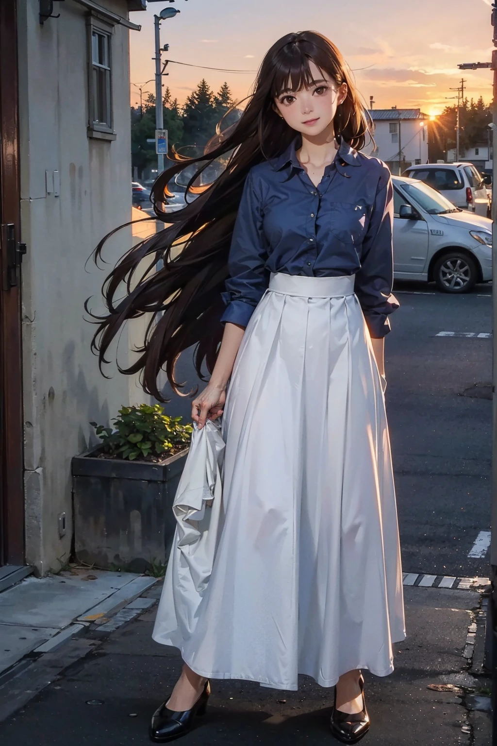 (FULL BODYSHOT、an oil painting、​masterpiece、top-quality、hight resolution、Dark hair、Super long hair、Bangs are aligned、Good mood、Blue shirt、Long long skirt、Sweaty skin、Sunset sky、Thick、I can see the lighthouse、On a street corner in Finland