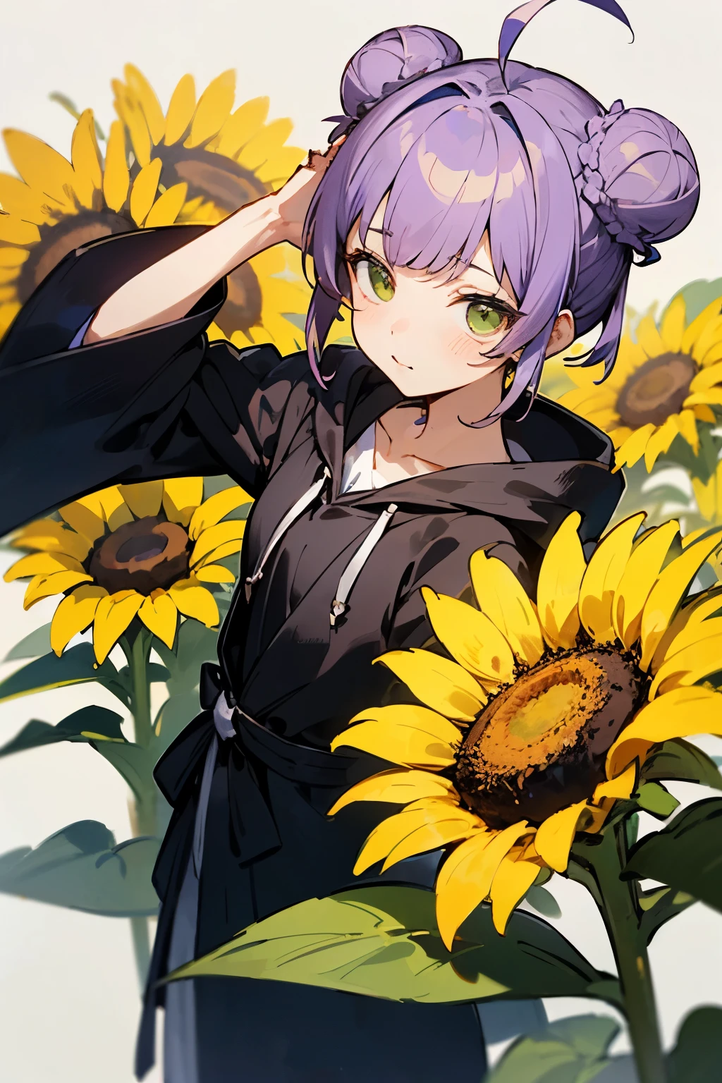 ((Best Quality)), (((masuter piece)))、Solo、Perfect face,(((Violet hair)))、faded green eyes、(bobhair)、short-hair、(((two bun hairstyle)))、Ahoge、(((Black Neeso)))、robe、hoodie style costume、Sun flower accessories、瞳に☆の形の模様がある、Sun flower