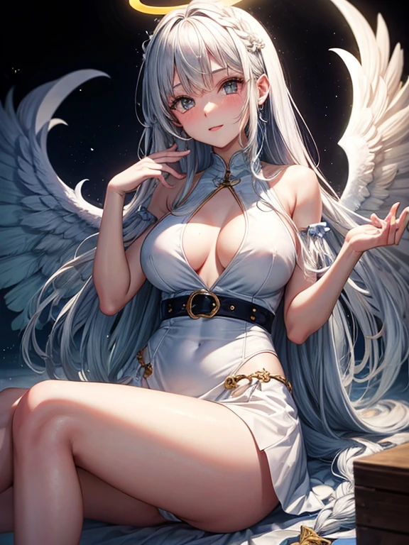 1 girl, angel, halo on top of head, long hair, braided hair, white one piece dress, slight cleavsges on breast, big breast, golden rope belt, thigh level skirts, wings, white eyes, dynamic pose,