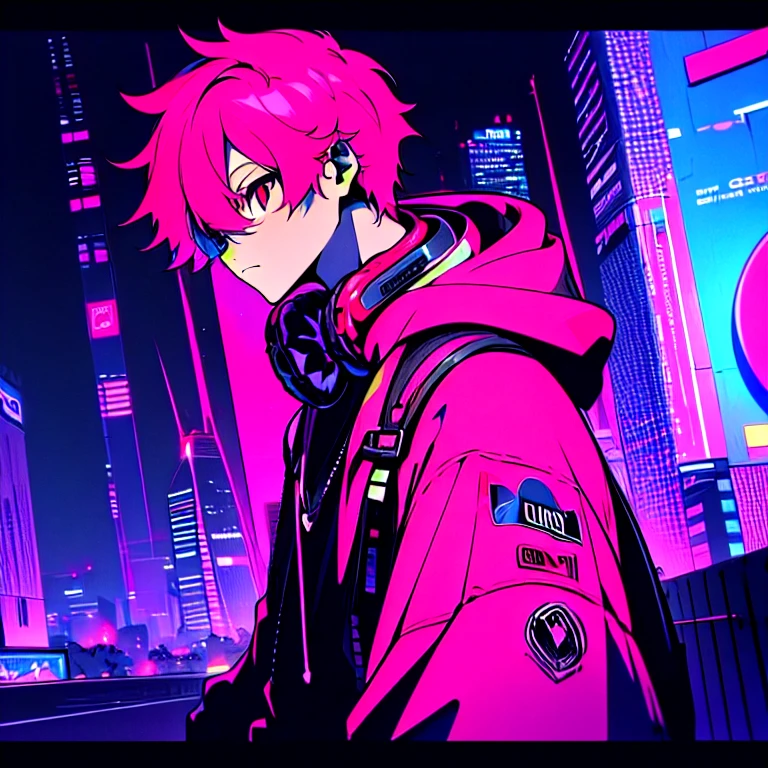 (short-cut), (Two-block hair), (vivid pink hair), (male character), (Red Eyes), (Cool pose), (of the highest quality), (masterpiece), (ultra-detailliert), (Oversized hoodies), (Street), (neons), (Camera from a down angle), (Modern City), (neonsデイライト), (Cinematic), (Stylish), (hight resolution), (Hyper Detailed), (Looking at the camera), (Anime-style), (Softtown), (nightcore), (a handsome man), (Listening to music through headphones), (natural appearance of the building), (casual), (ig studios anime style), (Stylish angle of view),