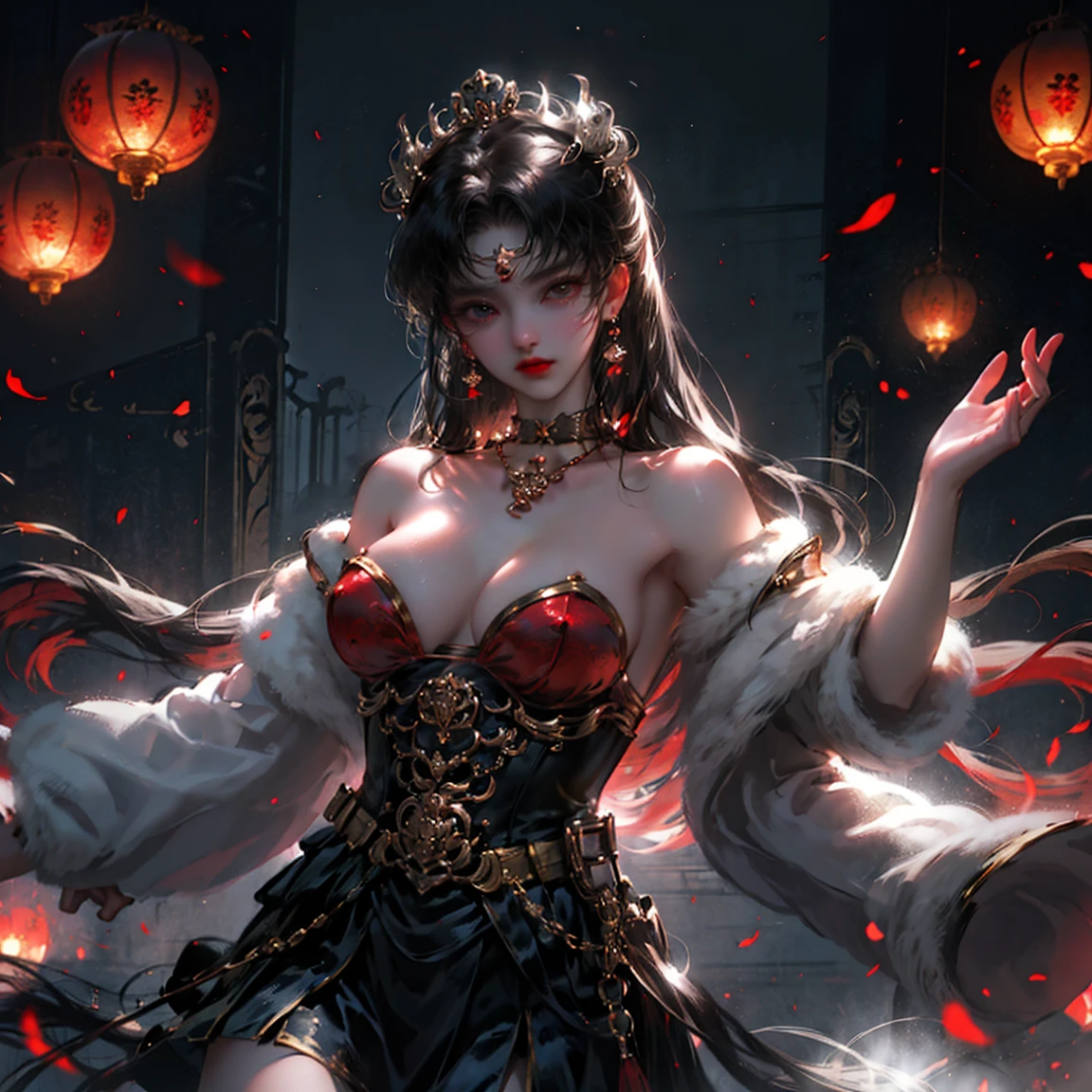 性感's, NSFW, 很短's裙子, ,cropped shoulders, 性感's pose, janelas, 后窗's光线是背光's, (rim-light), 深刻's理解, lust, 's, Very shy, ( Reflective lights), long leg breasts), 纤细's腰身, 完美's身材, 完美's手, 金色's头发, purity, Red belt, jewely, choker necklace, ear nipple ring, tiara crown, bookshelves, teapot, low light photography, 独自's