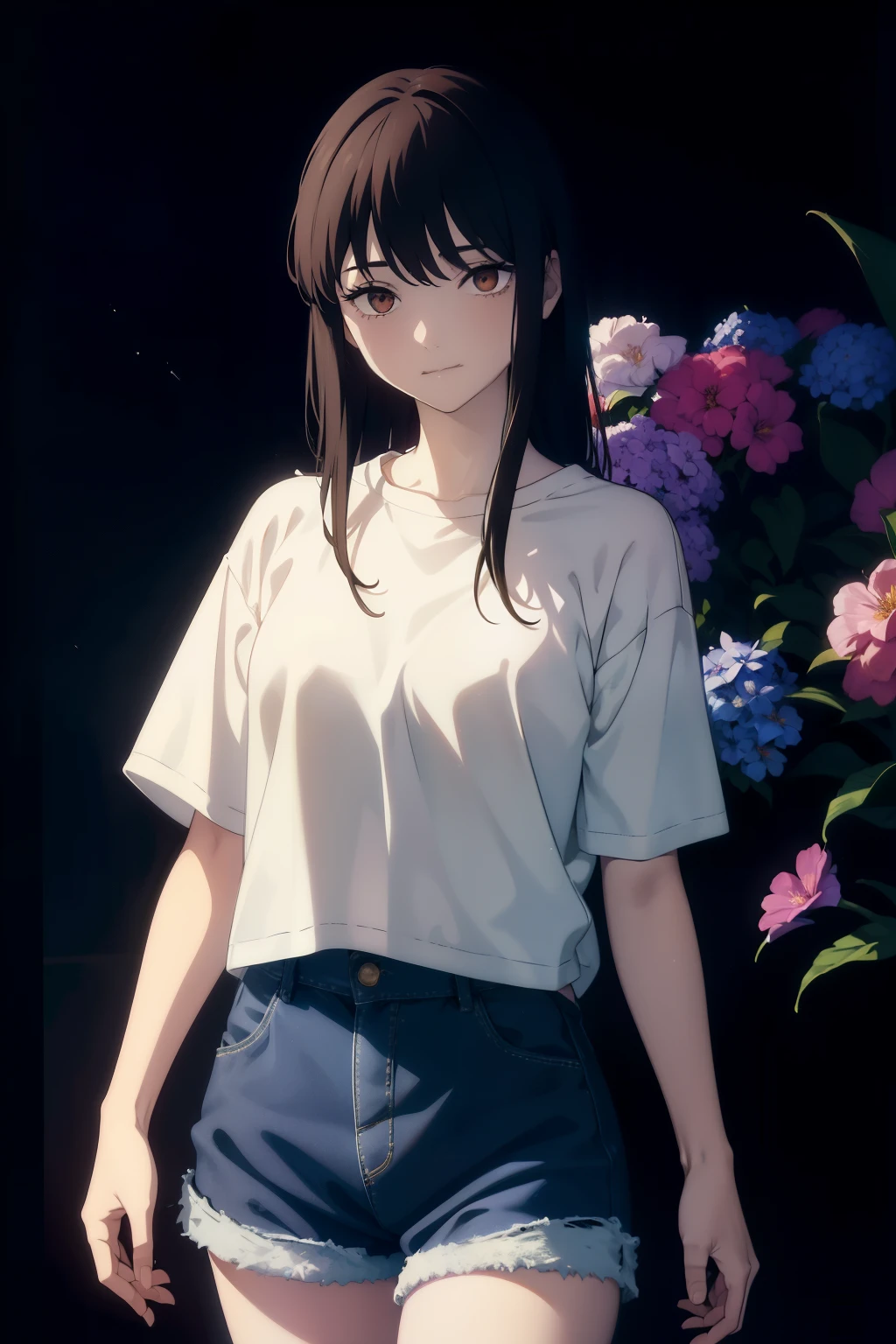 ((((Obra maestra, La mejor calidad, ultrahigh resolution)))), 1girl, standing, (baggy white t-shirt, loose fitting blue shorts, long back hair, long dark black hair, pale skin, ((shining brown eyes)), ((ultra detailed eyes:1, beautiful and detailed face, detailed eyes:0.5)), (centered), smile, (wide shot), facing viewer, (((vibrant background of outside, LSD flowers, bright lighting, darkness)), flat chested, ((looking at viewer)), ((half closed eyes)), ((perfect hands)), ((head:1, hips, elbows, arms, in view)), empty eyes, beautiful lighting, defined subject, 25 years old, ((a very cool image)),
