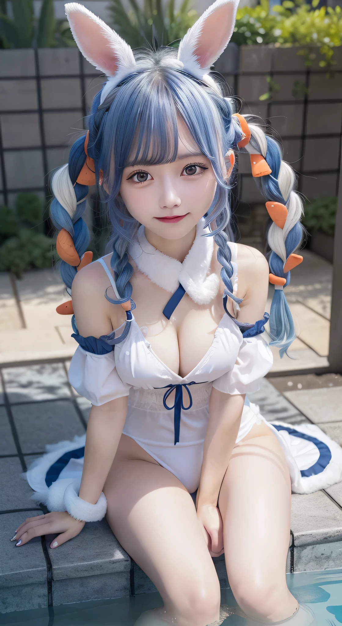 Usada Pekora, Animal ears, Blue hair, braid, carrot Hair Ornament, food-themed Hair Ornament, Hair Ornament, multicolored hair,  Rabbit ears, twin braids, Twin-tailed, Two-tone hair,A smile,swim wears