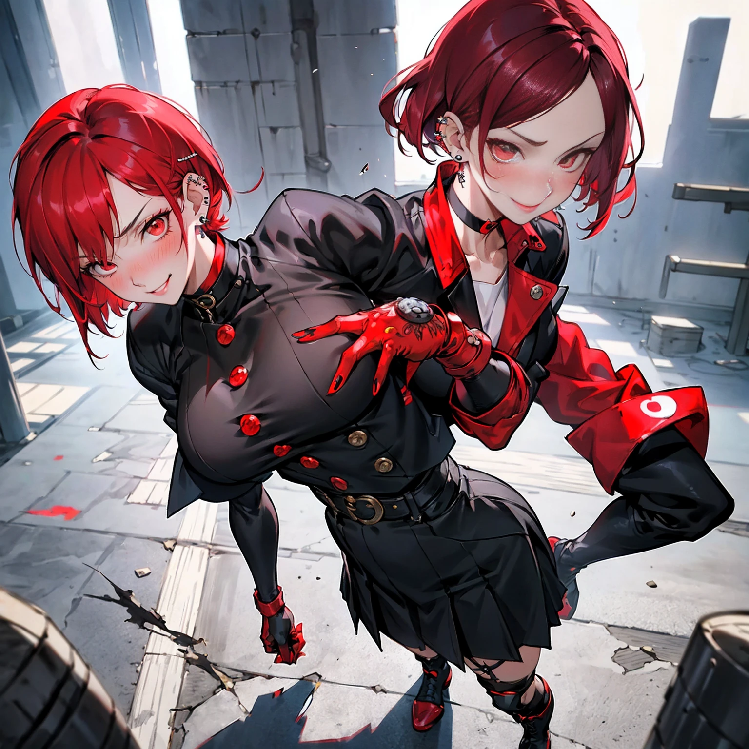 in the art style of persona 5, smal breast, delinquent, (sukeban), mature_female, blush, mature, older woman, 25 years old, Sukeban teacher outfit, (1girl, solo female, solo, solo focus)++++, choker, sukeban school teacher, sukeban school fighter, long_sleeves, open jacket, blue jacket, jean, light skin tone female, full body, jacket, biker jacket, tape, arm_support, gloves, red_gloves, bridal gauntlets, nail polish, boots, hioots, black_footwear, fighter outfit, full body, hourglass, mature face, cheeky smile, cheeky face, wrinkles, (red hair, short hair, bob cut, earrings, ear piercings), red eyeighting art, Martial arts, standing, fighting_stance, fight, fighting), extra colors, 2D, megapixel, perfectionism, accent lighting, full HD , (Masterpiece:1.2), (full-body-shot:1),(cowboy shot:1.2), (Highly detailed:1.2),(Detailed Face:1.2), Colorful, A detailed eye, (Detailed landscape:1.2), (natural lighting:1.2), ((sukeban school teacher)) by Vincent Di Fate: Aidyllery, Anamorphic Shot, rule of thirds, face by Artgerm and WLOP,