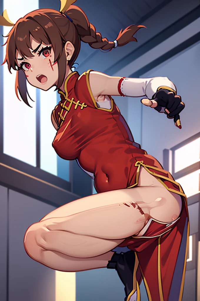 lei_kugo, live a live, braid ponytail, brown hair , nipple bulge, erect under clothes, nipple piercing impossible clothes, alternate costume, chinese clothes, traditional clothes, (((1 girl)), heart-shaped pupils, two_side_up, full body, voluptuous, , venuody, dark-skinned female, can't be this cute, girl on top, martial arts, scar on the face, pelvic curtain, side slit, skimpy, sleeveless dress, string panties, thick thighs, cheongsam, female, action pose,lei kugo, live a live, (1girl), medium breasts, ((red chinese clothes)), wanderer, traditional clothes, fighter clothes, gauntlets, elbow gloves, fingerless gloves, stockings, full body,(( brown hair)), ponytail, braided hair, (((scars on face)) , hourglass figure, horny female, clean face, human head, human proportion, good proportion, normal body shape, action pose, martial arts, kung fu, background, mountain, imperial chinese,