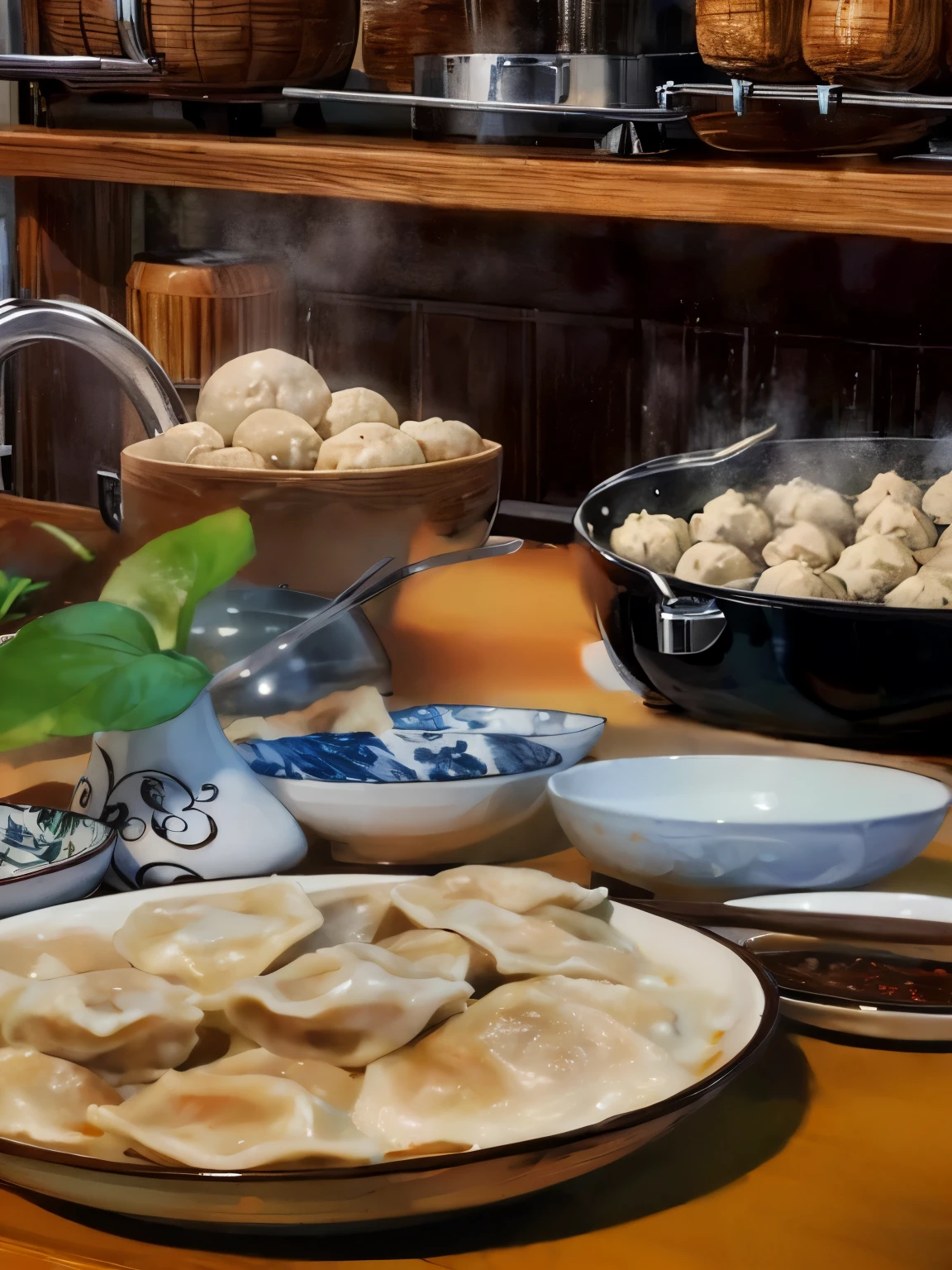 On the wooden table are pots, pans and dumplings