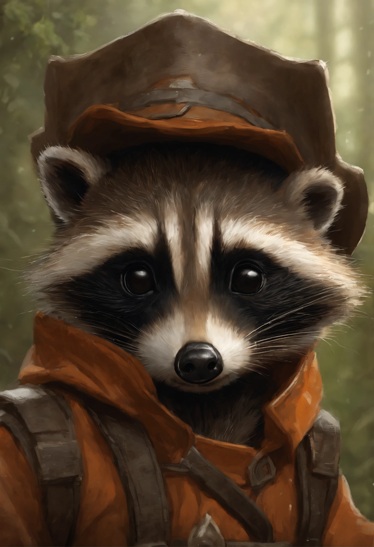 真实感, dark fantasy style, John Tolkien style, Small painting by Jean-Baptiste Monge,   Portrait of the cutest raccoon illustration in orange shorts and cap, Artstation, ..CGI_Animation, small raccoon in orange overalls and overalls, stuck his nose out of the hollow,   puddles after recent rain, adorable digital painting, rob rey, Anthropomorphic baby raccoon, based on Jean-Leon Gerome, inspired by Johannes Helgeson, portrait of a gnome called eldon, Jean Baptiste monge, jean - baptiste monge, Brian Despin Jean-Baptiste Monge, anthropomorphic --ar 2:3 --testp -optimistic;