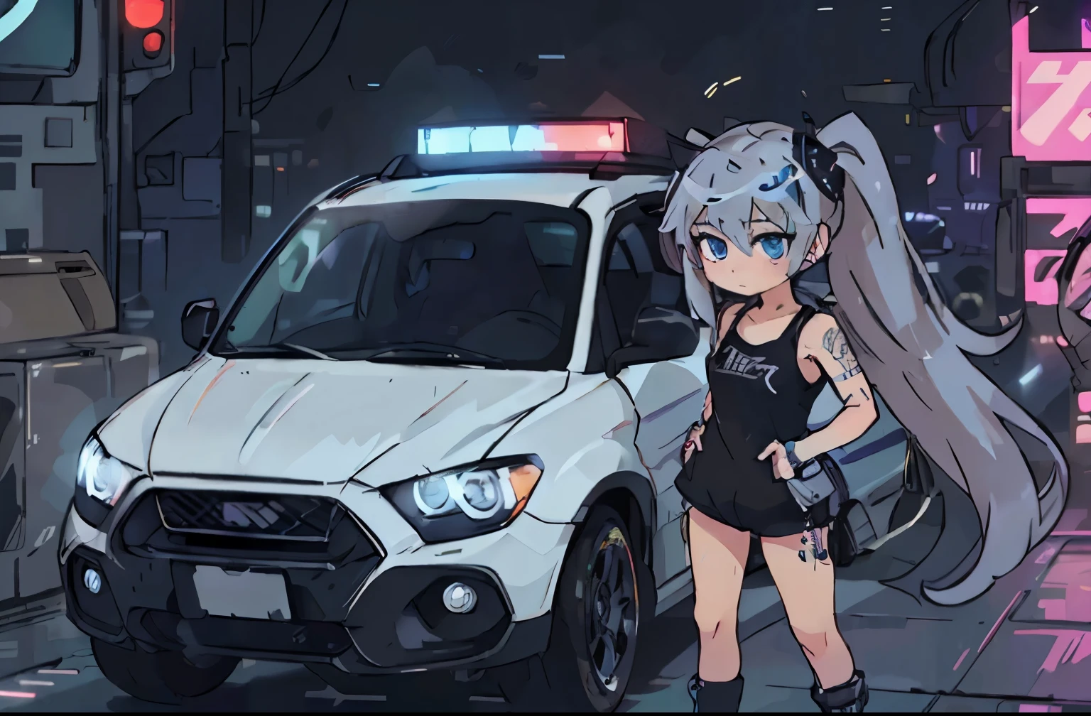 (deep in the night:1.3)、、(Detailed beautiful skin texture、detailed beautiful faces、ultra-detailliertな服の質感)、、(cyberpunked:1.4)、、(2females、18year old、Moderate milk、With long silver hair、blue eyess)、(Pink jacket、Black tank top、Cargo pants)、Standing next to the car(Ultra-fine pickup truck 、Long bonnet、 (3/4Front view、The car is located in the center of the frame)、、(car park、cyberpunkedのultra-detailliertなナイトシティ)、(すべての車 cyberpunkedカスタムカー)、、(softlighting)、、(masterpiece、top-quality:1.4、8K、ultra-detailliert、illustratio、Distinct_image、Convoluted_Details、delicate illustration)、(realisitic:0.15)、(Twintail)、Pearl Color、(((ネオンブルーと黒のcyberpunkedカー)))、elegent