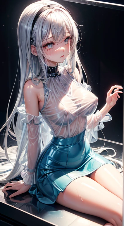 masuter piece,dynamic view,Glossy plastic figure body, Licca doll style,Crying face,girl in a makeup box, Slender big,Put out the nipples,Silvery hair,Wet skin,thin waist,Light blue see-through shoulder blouse,clear vinyl mini skirt,sitting on,depth of fields,