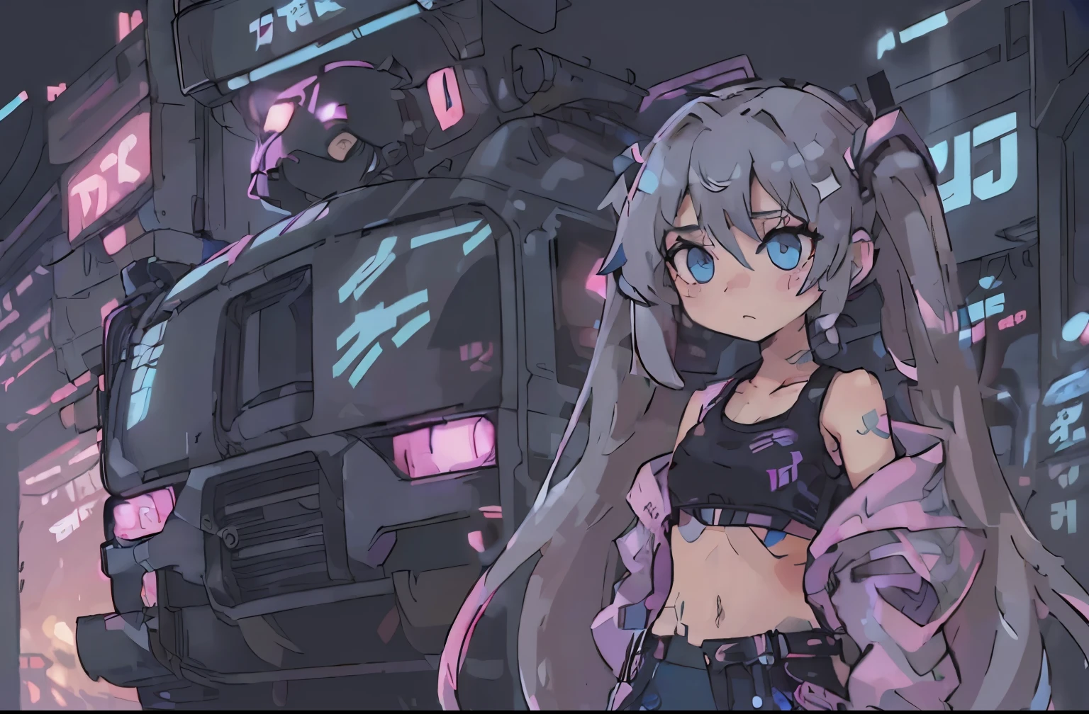 (deep in the night:1.3)、、(Detailed beautiful skin texture、detailed beautiful faces、ultra-detailliertな服の質感)、、(cyberpunked:1.4)、、(2females、18year old、Big、With long silver hair、blue eyess)、(Pink jacket、Black tank top、Cargo pants)、Standing next to you(Ultra-fine pickup truck 4 wheels long bonnet、 、(3/4Front view、The car is located in the center of the frame)、、(car park、cyberpunkedのultra-detailliertなナイトシティ)、(すべての車 cyberpunkedカスタムカー)、、(softlighting)、、(masterpiece、top-quality:1.4、8K、ultra-detailliert、illustratio、Distinct_image、Convoluted_Details、delicate illustration)、(realisitic:0.15)、(Twintail)、Pearl Color、ネオンブルーと黒のcyberpunkedカー