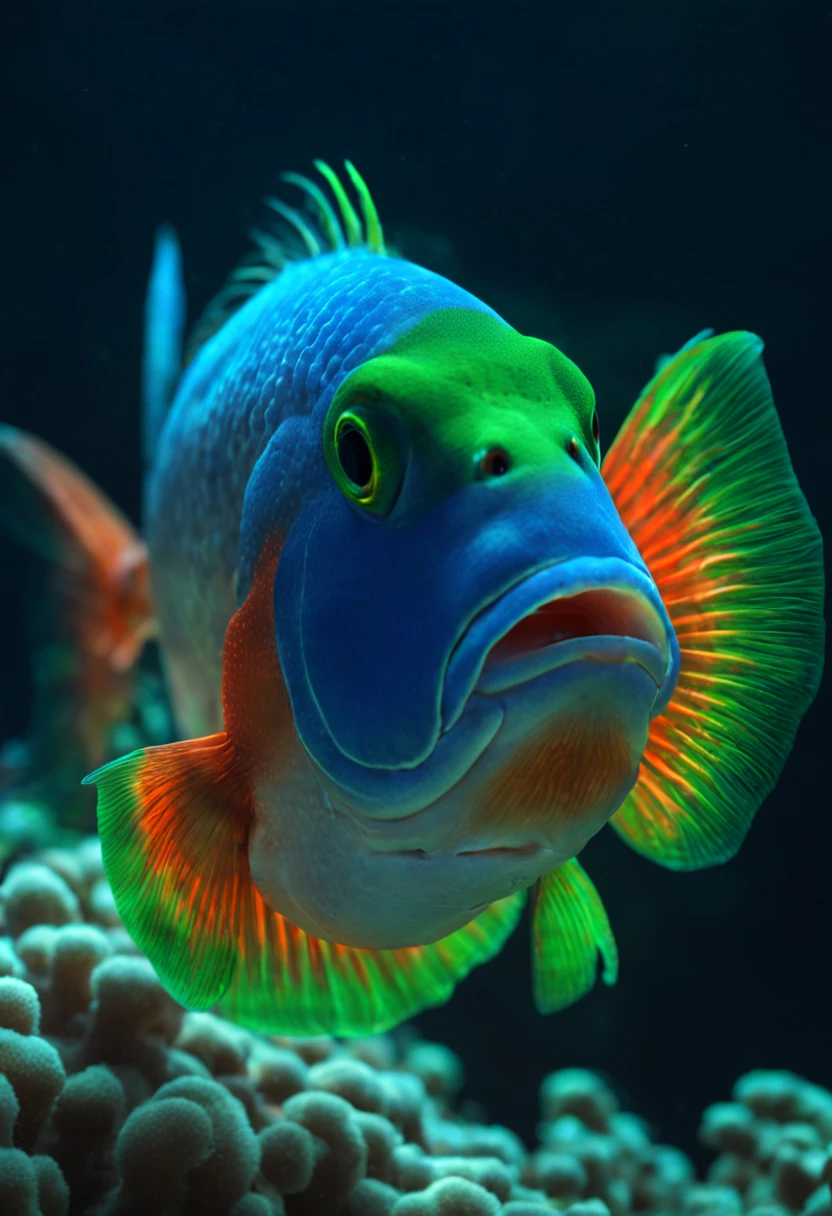 Fire fish is a fish that lives in the deep sea，They have special cells in their bodies，light body。These light bodies contain fluorescein and fluorescent proteins，when received，Fluorescein and fluorescent proteins react，Produce blue or green light (Best quality,4K,8K,High resolution,​masterpiece),ultra-detailliert,