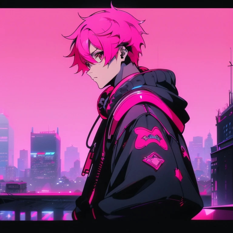 (short-cut), (Two-block hair), (vivid pink hair), (male character), (Red Eyes), (Cool pose), (of the highest quality), (​masterpiece), (ultra-detailliert), (Oversized hoodies), (Street), (neons), (Camera from a down angle), (Modern City), (neonsデイライト), (Cinematic), (Stylish), (hight resolution), (Hyper Detailed), (Looking at the camera), (Anime-style), (Softtown), (nightcore), (a handsome man), (Listening to music through headphones), (natural appearance of the building), (casual), (ig studios anime style), (Stylish angle of view),