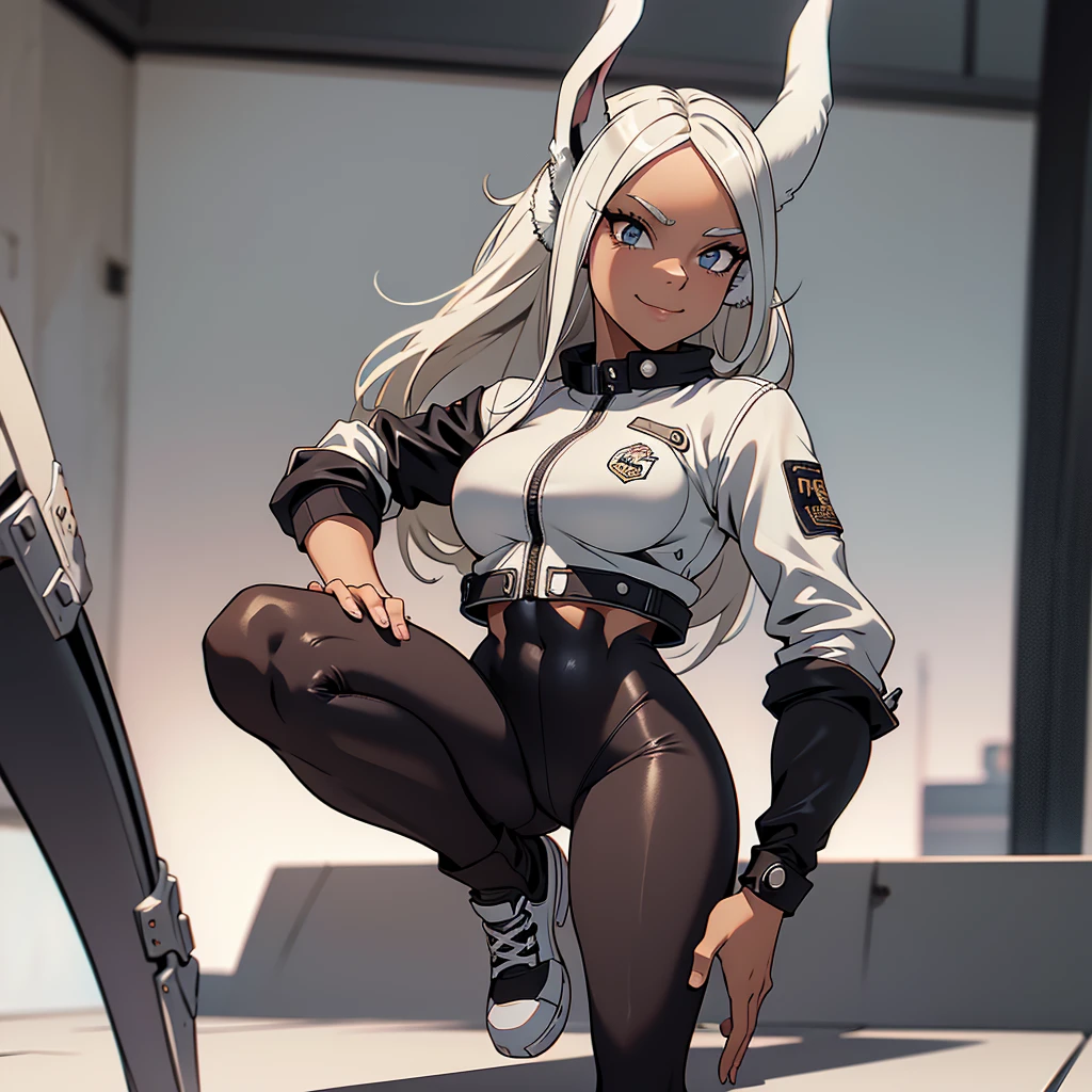 beautiful young warrior with bunny ears on her head, com rosto bem detalhado e bonito, belos olhos, belos olhos, rosto lindo, mulher jovem e bonita vestindo leggings longas com detalhes pretos, usando mini saia curta, usando jaqueta de couro preta, Standing in a castle, usando bota preta, cabelo comprido branco, ,orelhas de coelho, belo sorriso, Tomboy, um pouco musculoso,suter branco com cinta em volta, olhar serio,usando jaqueta de couro , leather jacket