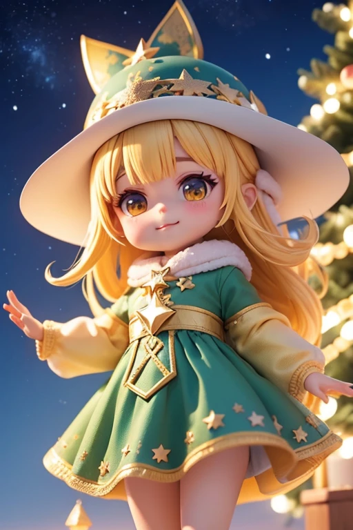 Duende navidad, sonriendo, estrellas en los ojos, rojo crujiente, verde crujiente, luz radiante, copo de nieve grande en primer plano. Navidad misteriosa, magical charm. magic stars, (la mejor calidad, 8k, high resolusion, tmasterpiece:1.2), caprichoso, (cielo lleno de estrellas, la estrella del norte brilla).