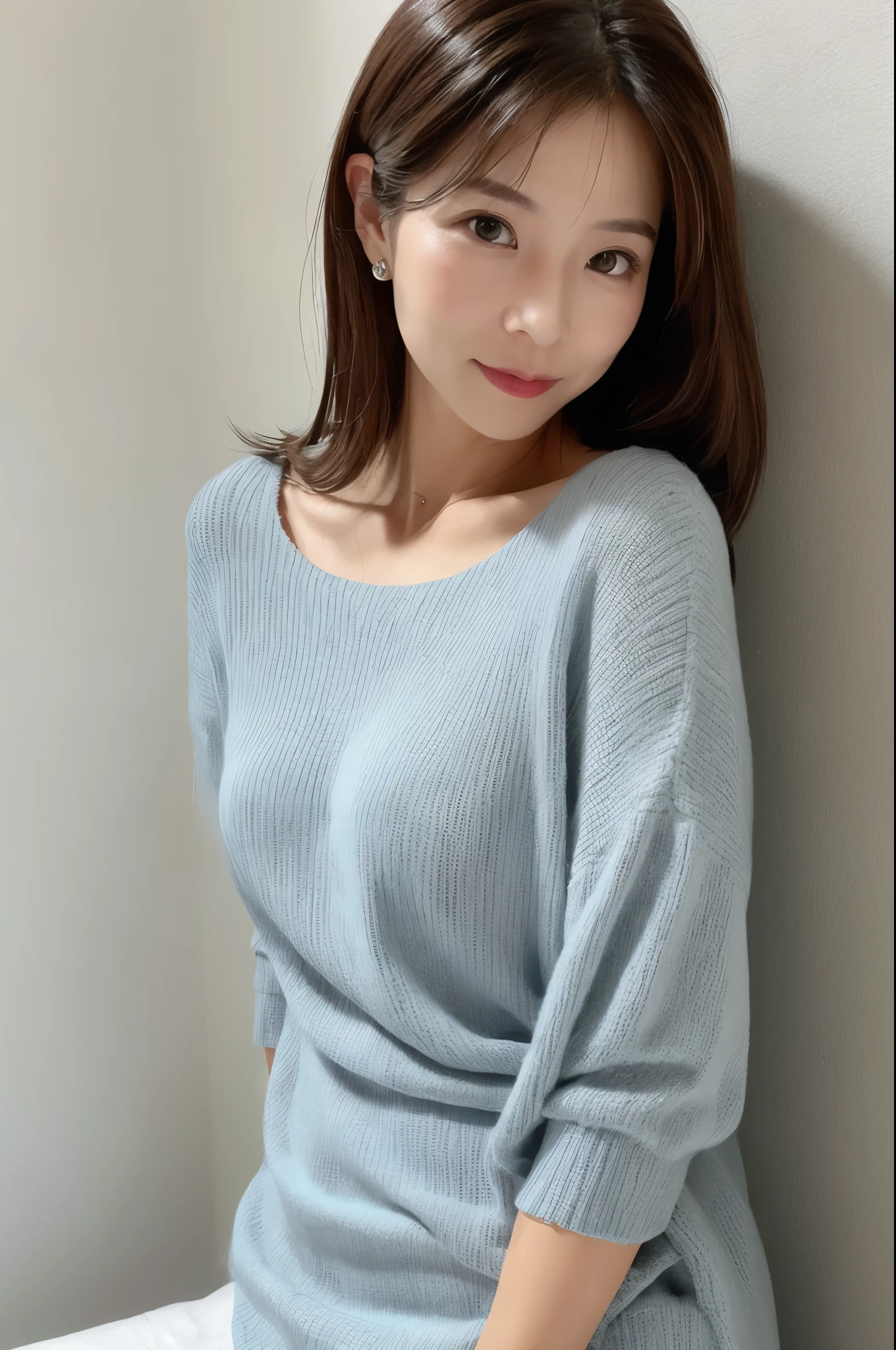 (High reality photograph, high resolusion, detailed face, detailed eyes), Japanese lady, 40 years old, various face expression, solo:1, skinny figure, medium breasts, emphasizing very thin waist, beautiful buttocks, various hair style, knit dress, looking back for the viewer, alone in a photo