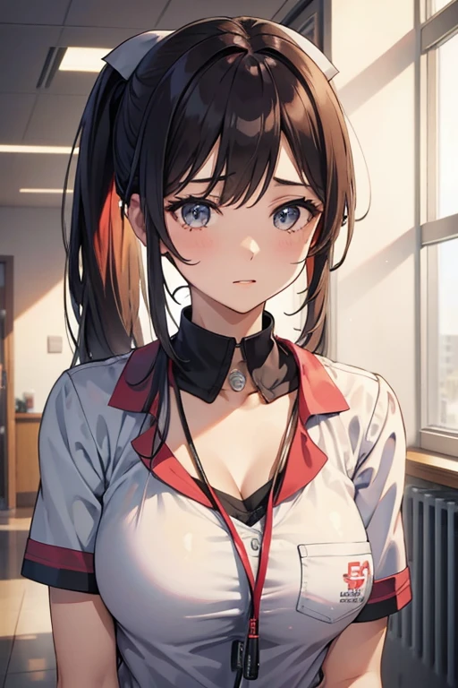 Beautiful Mature Woman、Neat face、poneyTail、nurse、hospitals、get angry、head down