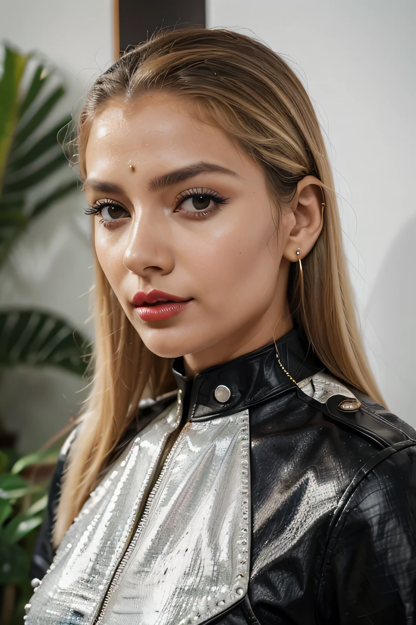 incomparable masterpiece, ultrarrealista 8k CG, Perfect artwork, ((imagem feminina perfeita)), mulher madura, cintura fina, sedutor, limpo, beautiful face, {menina extremamente delicada e bonita} , Papel de parede 8K, {{{master part}} }, 1girl, blonde hair, olhos azuis, rabo-de-cavalo, police uniform, jewelries, lips, lipstick, cabelos longos, olhar espectador, maquiagem, lips, red lips, fundo simples, sozinho, parte superior do corpo, (pele brilhante),