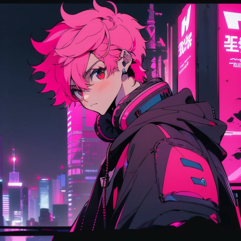 (short-cut), (Two-block hair), (vivid pink hair), (male character), (Red Eyes), (Cool pose), (of the highest quality), (​masterpiece), (ultra-detailliert), (Oversized hoodies), (Street), (neons), (Camera from a down angle), (Modern City), (neonsデイライト), (Cinematic), (Stylish), (hight resolution), (Hyper Detailed), (Looking at the camera), (Anime-style), (Softtown), (nightcore), (a handsome man), (Listening to music through headphones), (natural appearance of the building), (casual), (ig studios anime style), (Stylish angle of view),