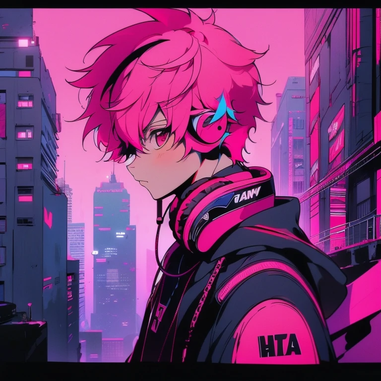 (short-cut), (Two-block hair), (vivid pink hair), (male character), (Red Eyes), (Cool pose), (of the highest quality), (masterpiece), (ultra-detailliert), (Oversized hoodies), (Street), (neons), (Camera from a down angle), (Modern City), (neonsデイライト), (Cinematic), (Stylish), (hight resolution), (Hyper Detailed), (Looking at the camera), (Anime-style), (Softtown), (nightcore), (a handsome man), (Listening to music through headphones), (natural appearance of the building), (casual), (ig studios anime style), (Stylish angle of view),
