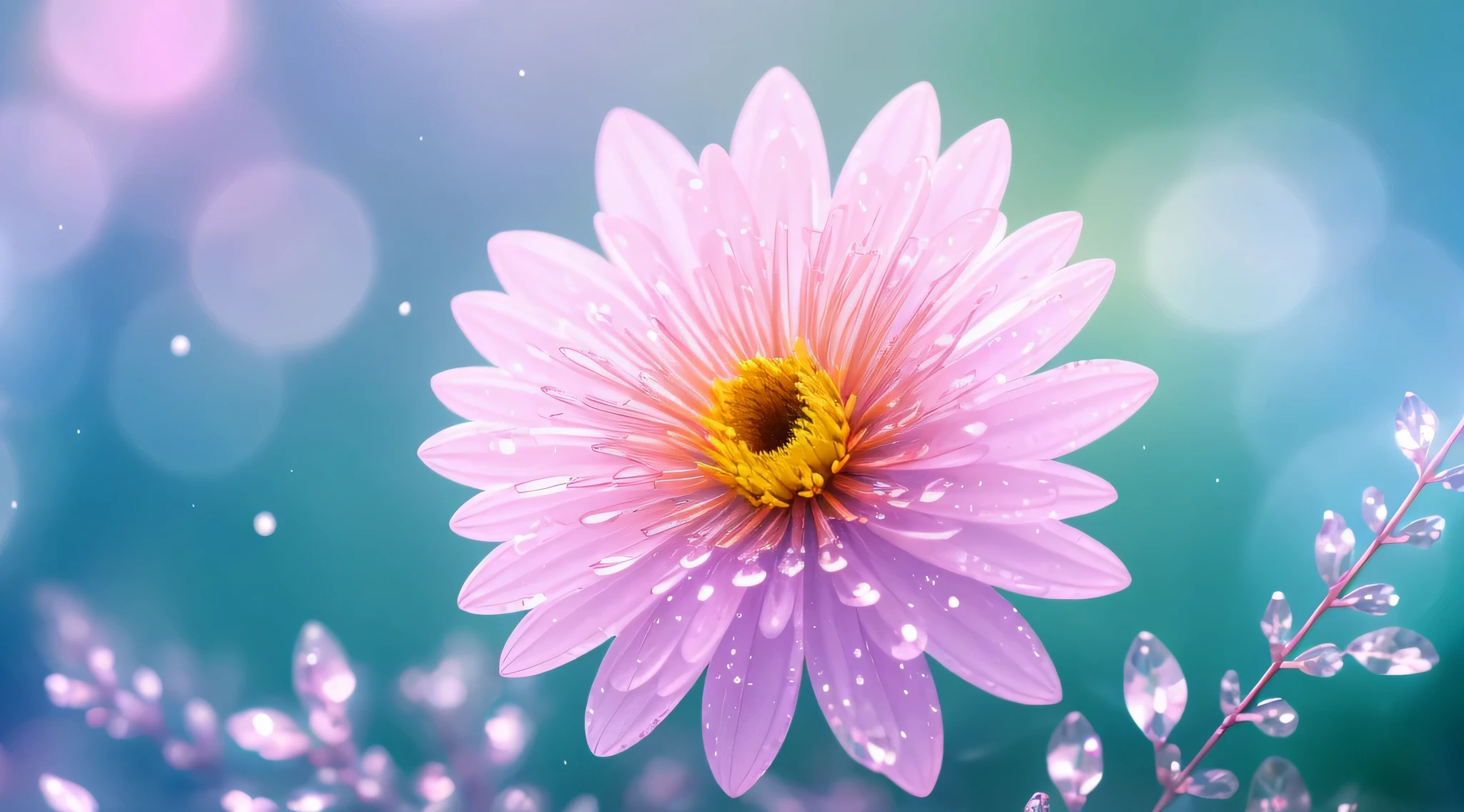 Crystal spring flower，Pink white gradient，water drop，Fantastical, galaxies, Transparent,, Pink white gradient，water drop，Light blue leaves，Sparkle, Sparkle, brilliance, Water，colorful，, Magical photography of light blue leaves, dramatic illumination, Photo realism, Ultra detailed, 4k, depthoffield, high resolusion