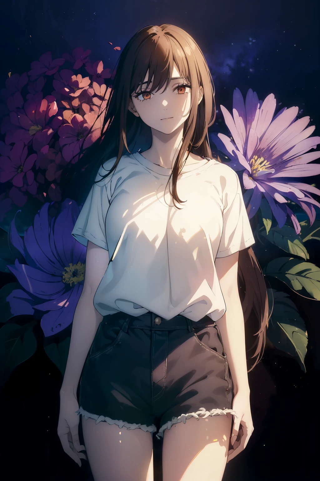 ((((Obra maestra, La mejor calidad, ultrahigh resolution)))), 1girl, standing, (baggy white t-shirt, loose fitting blue shorts, long back hair, long dark black hair, pale skin, ((shining brown eyes)), ((ultra detailed eyes:1, beautiful and detailed face, detailed eyes:0.5)), (centered), smile, (wide shot), facing viewer, (((vibrant background of outside, LSD flowers, bright lighting, darkness)), flat chested, ((looking at viewer)), ((half closed eyes)), ((perfect hands)), ((head:1, hips, elbows, arms, in view)), empty eyes, beautiful lighting, defined subject, 25 years old, ((a very cool image)), (((elegance)))