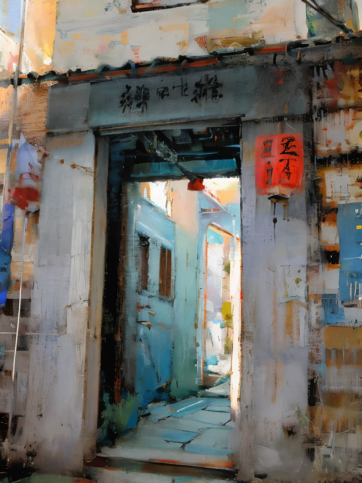 doorways of an old buildings with a sign on it that says china, In a narrow Chinese alley, doorways, zhouzhuang ancient town, China Village, old buildings,Gate Tower, old buildings, Chinatown ancient city streets, like jiufen, jia ruan, narrow street, seen from outside, qiangshu, natta,oil painted