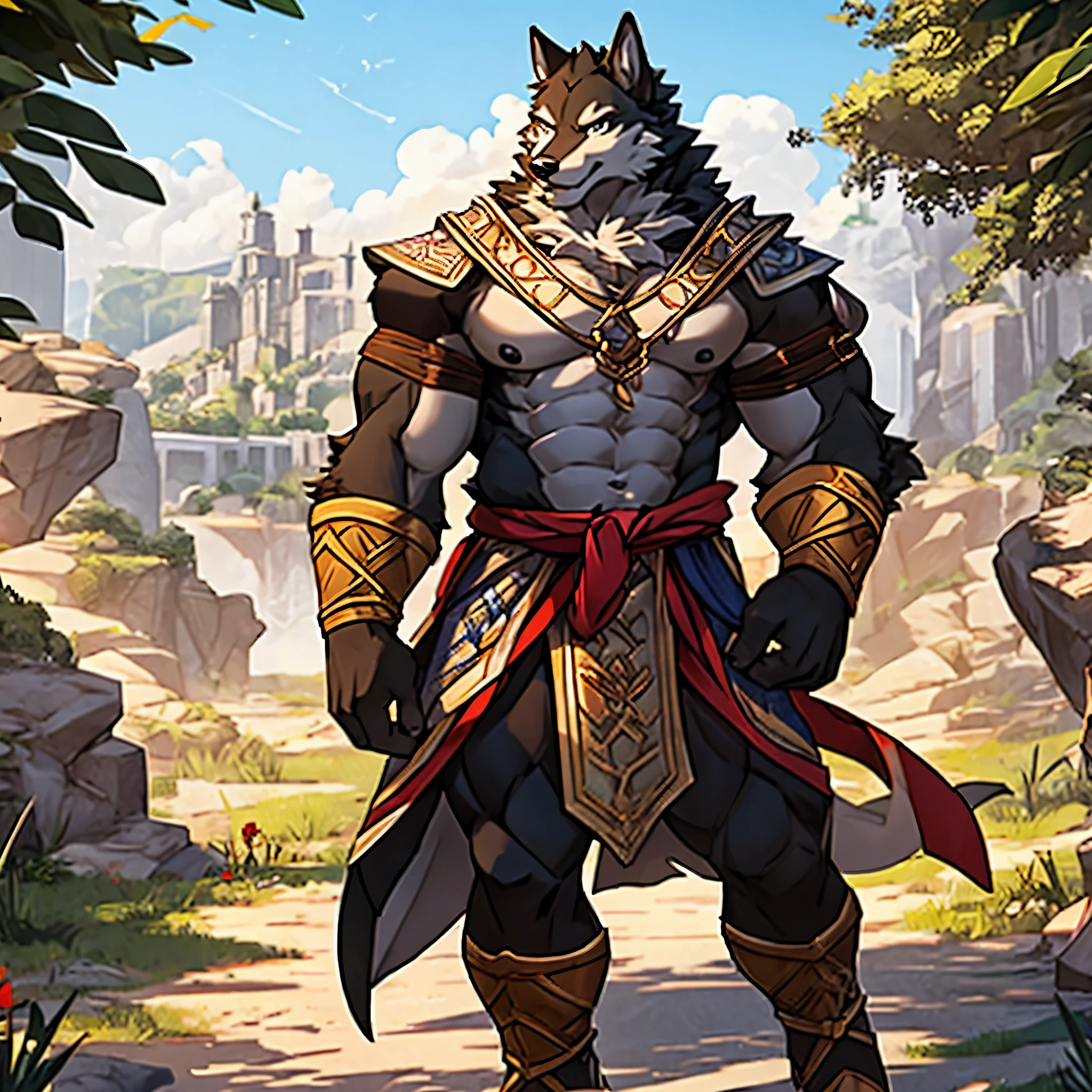 warrior, gray wolf, warrior outfit, nude, huge penis