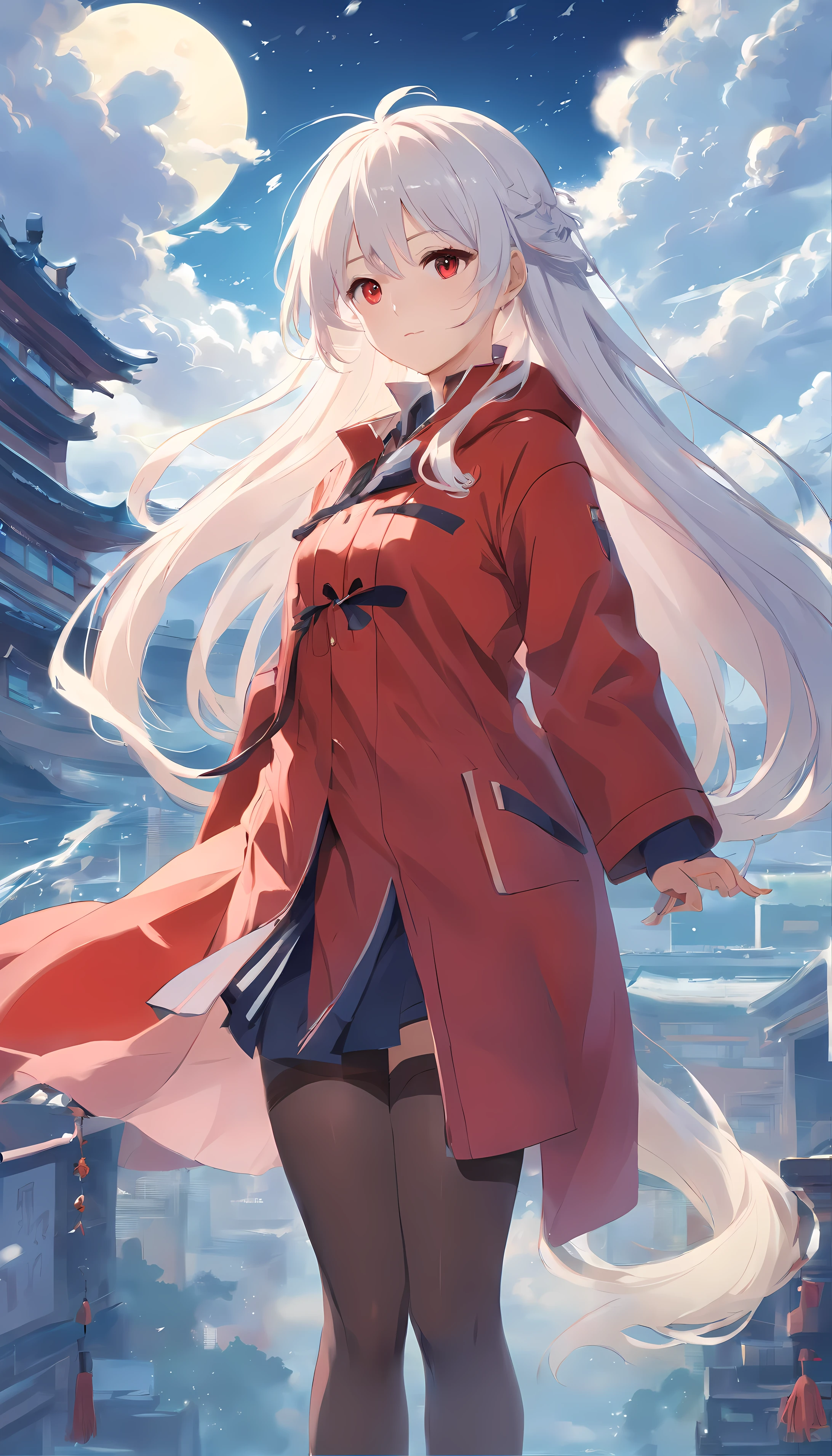 Long white hair,roundly eyes,Red coat and stockings,Chinese,The expression is very gentle,Sister,cloud