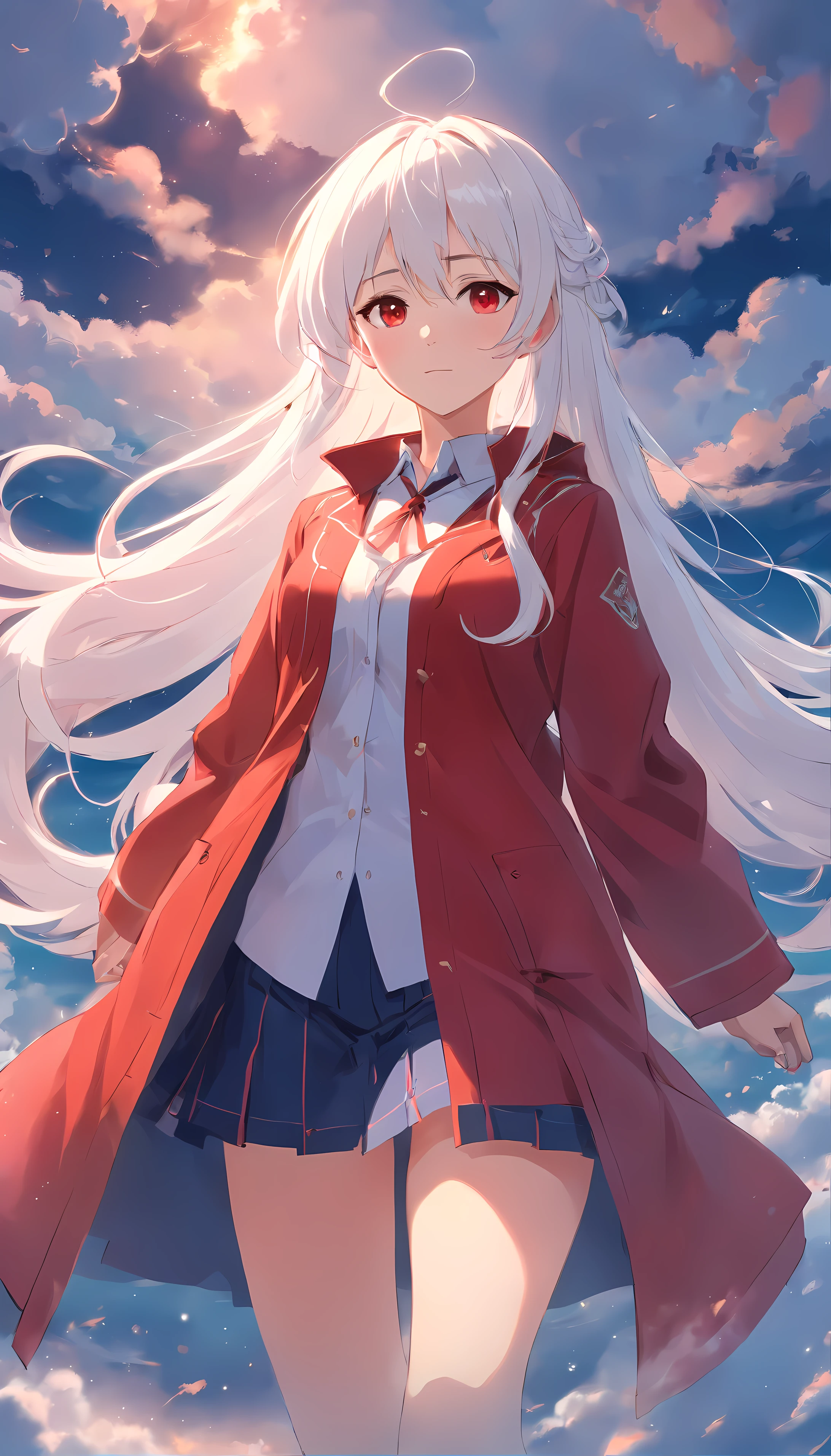 Long white hair,roundly eyes,Red coat and stockings,Chinese,The expression is very gentle,Sister,cloud