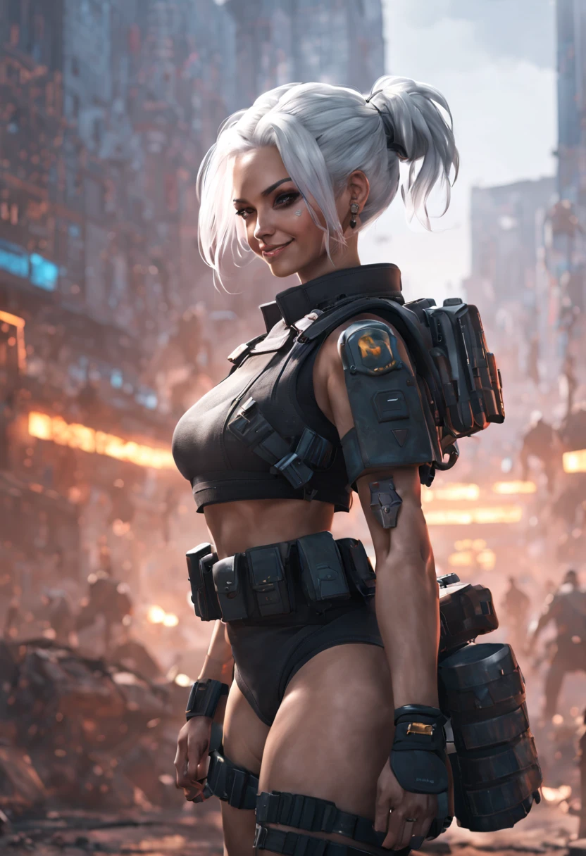 best quality, masterpiece, cyberpunk 1girl, (solo:1.1), ultra detailed,detailed face, 8k wallpaper, platinum white hair in a bun, wide hips, smile, military female soldier with gear of war, city background, smoke and rubbles,