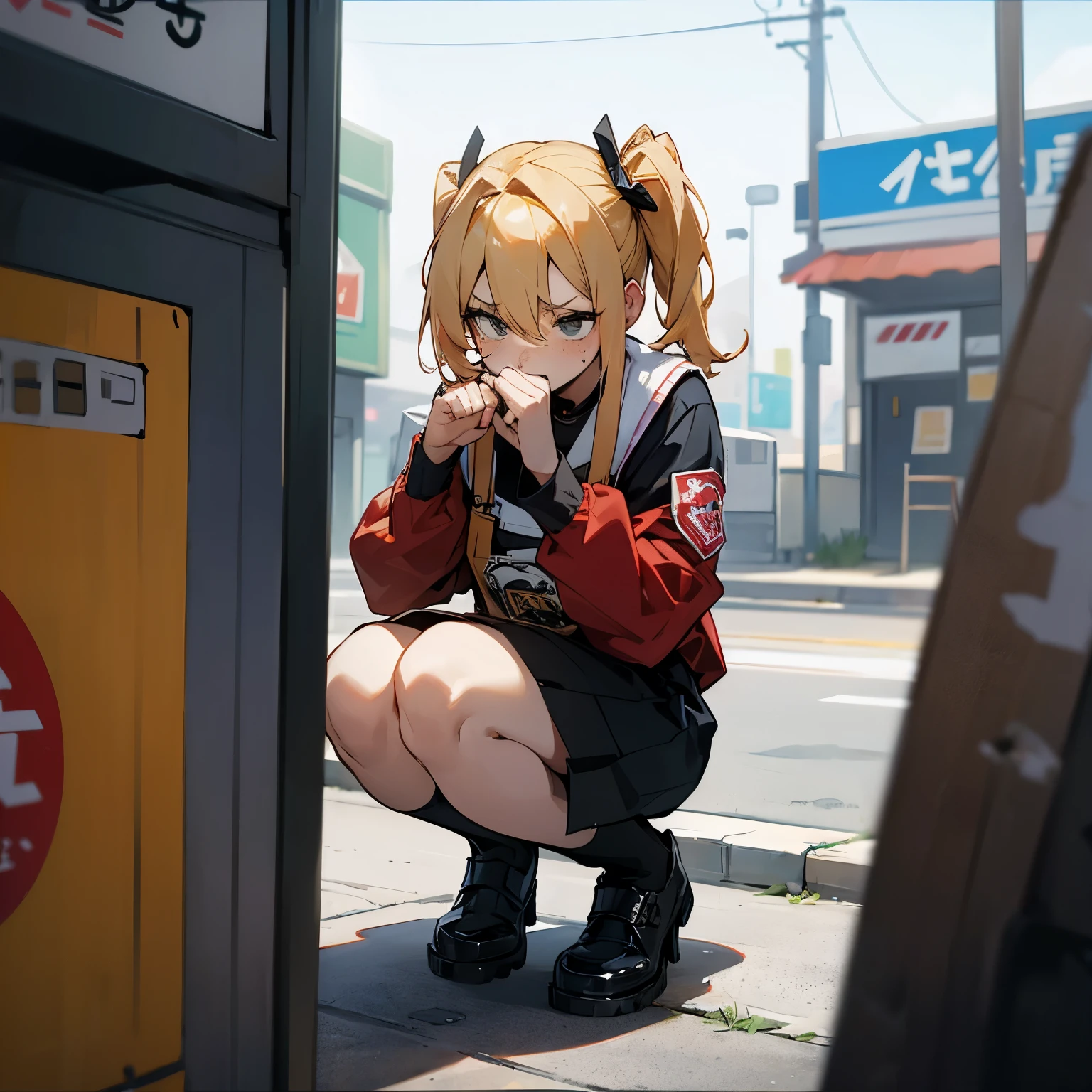Side up hair、a blond、Bad eyes、glares、Upper and lower jersey、Bad Girls、hitornfreckles、crouching down、In front of the convenience store