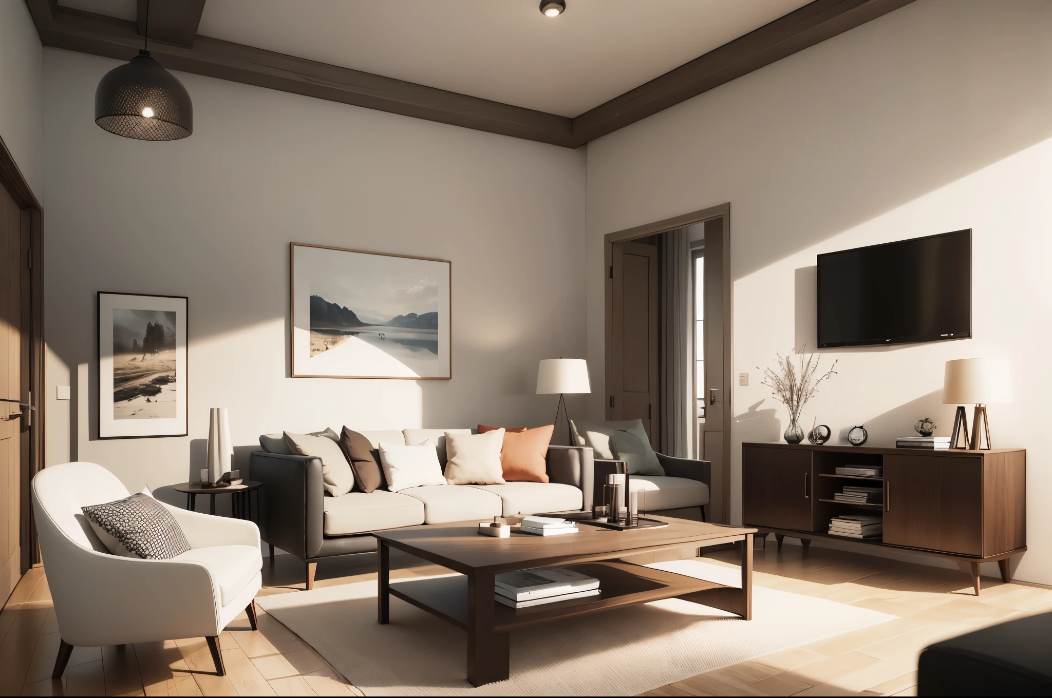 very minimalistic and modern living room with white furnitures, white sofa, chairs, table and one big artwork of a landscape on the main wall.