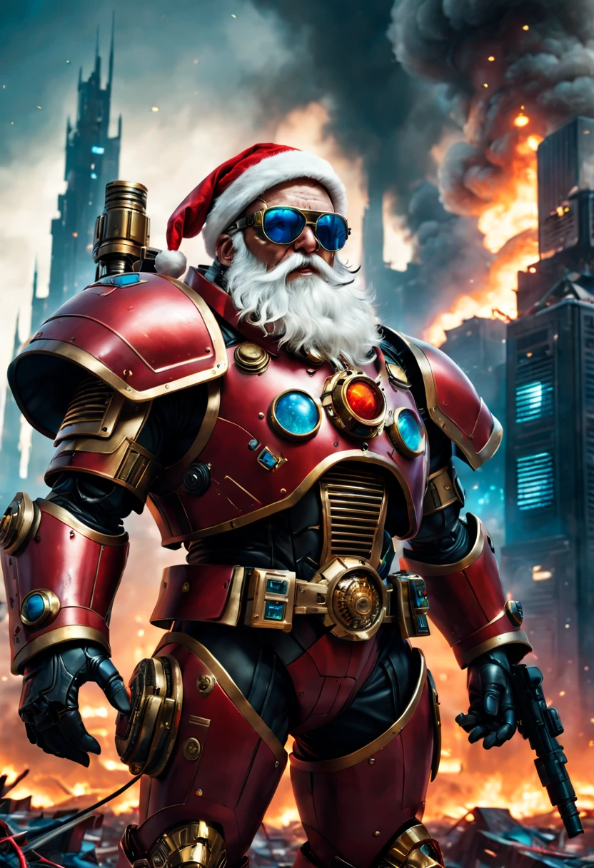 Warhammer 40K universe, cybernetic santa claus,Mechanical suit of red and gold armor,sparkly blue color sunglasses,Intense war-like environment,Destroyed buildings and flames,The background is a futuristic cityscape,Radar integrated in Santa hat,severe and threatening atmosphere,Sci-fi cyberpunk aesthetics,High contrast and desaturated tones,Dramatic and dynamic lighting effec quality,4k,highres,masterpiece:1.2),ultra-detailed,(realistic,photorealistic,photo-realistic:1.37)