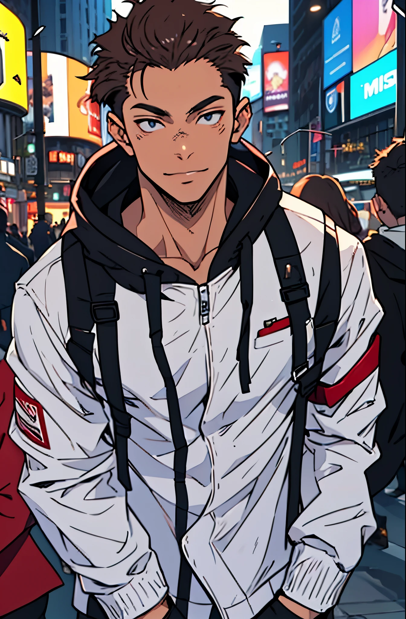 A mais alta qualidade, 8K, image high resolution, good ilumination, sombras detalhadas, Detailed strokes, no meio de uma avenida movimentada estilo Times Square de noite , inverno, apoiado em um dos postes, adolecente, Yuji Itadori, Dark Brown Hair , pele muito branca, Wearing a cold jacket , masculo , Tight chest in jacket , (angulo de baixo), (Angulo de Perto), pernas definidas, defined arms, com a camisa,