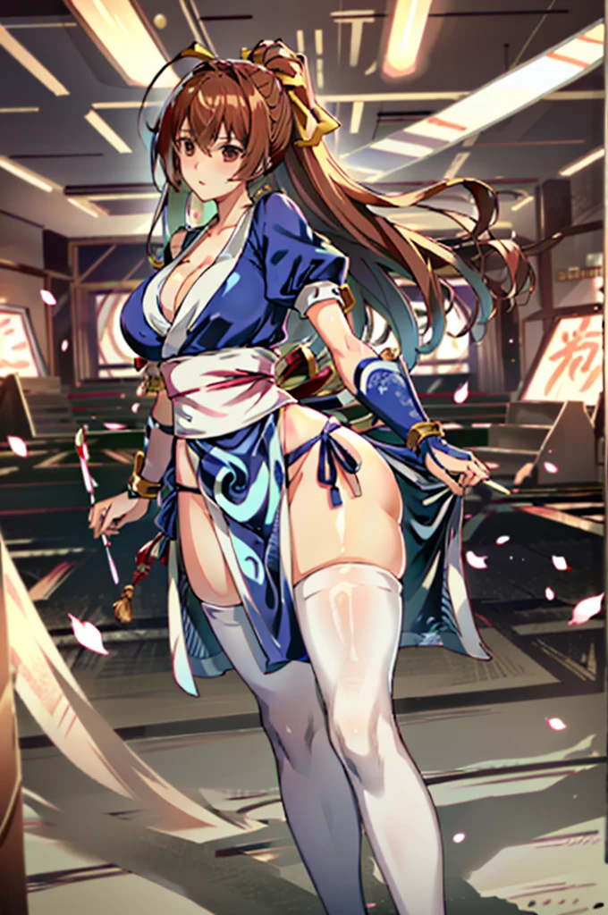 (masutepiece, Best Quality:1.3)
Kashid, 1girl in, Solo, Long hair, breasts, Looking at Viewer, Bangs, Large breasts, Brown hair, thighs thighs thighs thighs, Dress, bow ribbon, cleavage, Brown eyes, medium breasts, Underwear, Standing, Panties, hair bow ribbon, braid, Short sleeves, Cowboy Shot,  Puffy sleeves, white thighs thighs thighs thighs, Puffy Short Sleeves, Lips, sash, pelvis curtain, yellow bow ribbon, Realistic, Nose, arm guards, (Inside the futuristic base),hypnoLora,
empty gaze posture