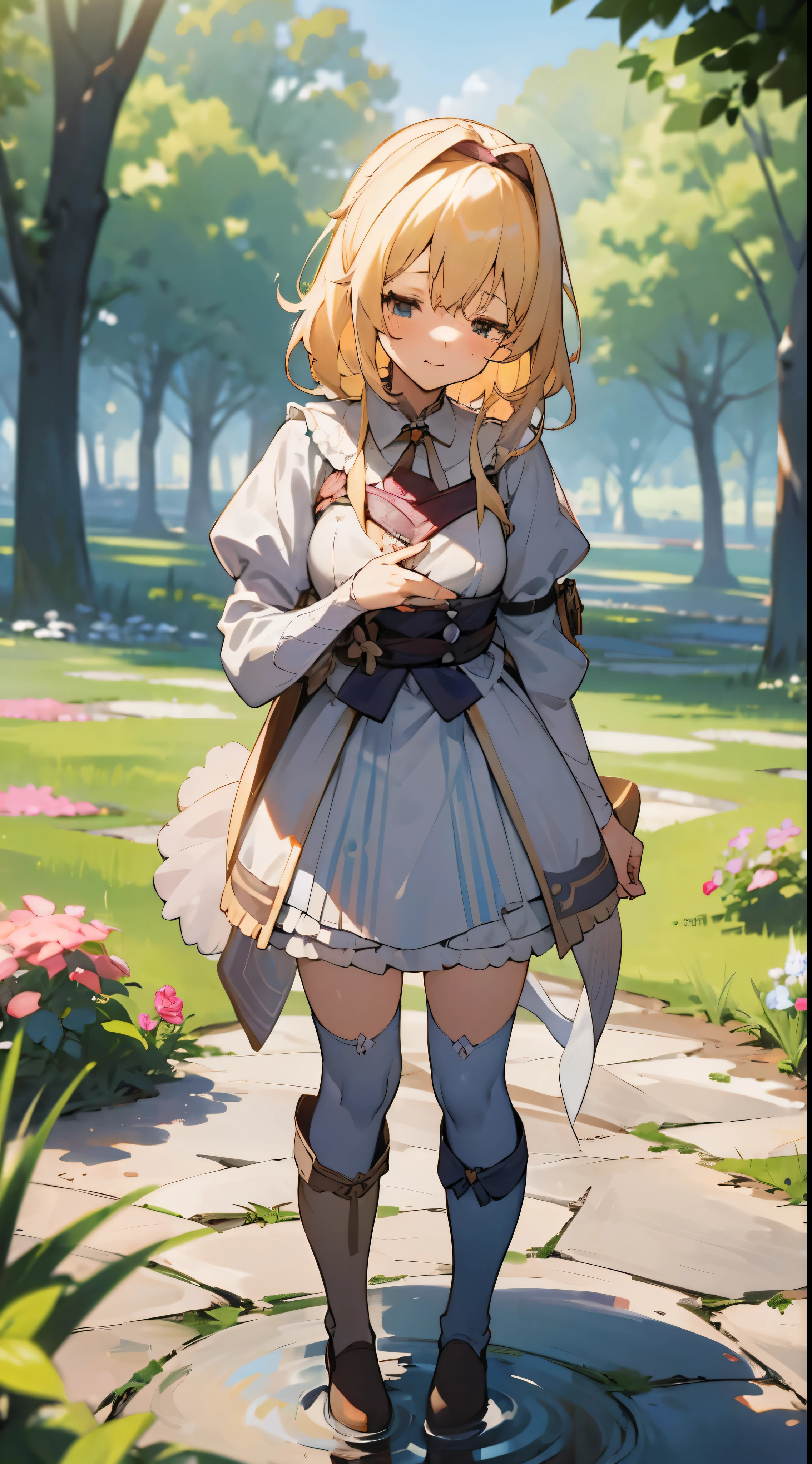 anime styled, The ultra -The high-definition, alice in the wonderland, Super cute girl, ((a blond:1.4)), ((long:1.4)), shame, Shyness is a shy smile, light blue fluttering short dress, frilldの付いた白いエプロンスカートを重ねる, frilld, A large white ribbon is tied behind the waist of the dress.. , B-cup breast, Light blue fluttering mini skirt, ソックスは爪先から太ももの半ばあたりまであるlongい白色のknee high, ((knee high:1.4)), and draw the full body, in the forest where bright sunlight shines through, Clothes are disheveled、Chest exposed, teatsが見えている, ((teats:1.4)), Her skirt is disarrayed and her crotch is visible.., 股のFemale genitalsが見えている, ((Female genitals:1.4)), pee, お漏らししてpeeが股から勢いよく出ている, Lying on the ground, lying on one's side, Urine excreted on the ground around the waist forms a small puddle., ((pissing:1.5)), i'Hold out your hand as if inviting me here, Looking here, Draw a girl from a random direction