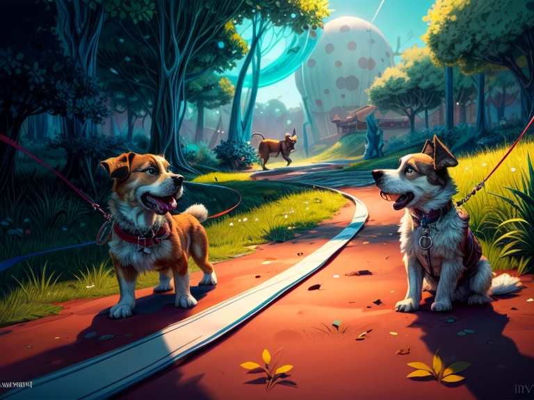 cartoon drawing of two dogs on a leash in a park, animated disney movie inking, published concept art, stylized linework, black and white illustration, official illustration, whole page illustration, by Istvan Banyai, concept art for a video game, by Maksimilijan Vanka, colorkey scene, game illustration, cartoon concept art