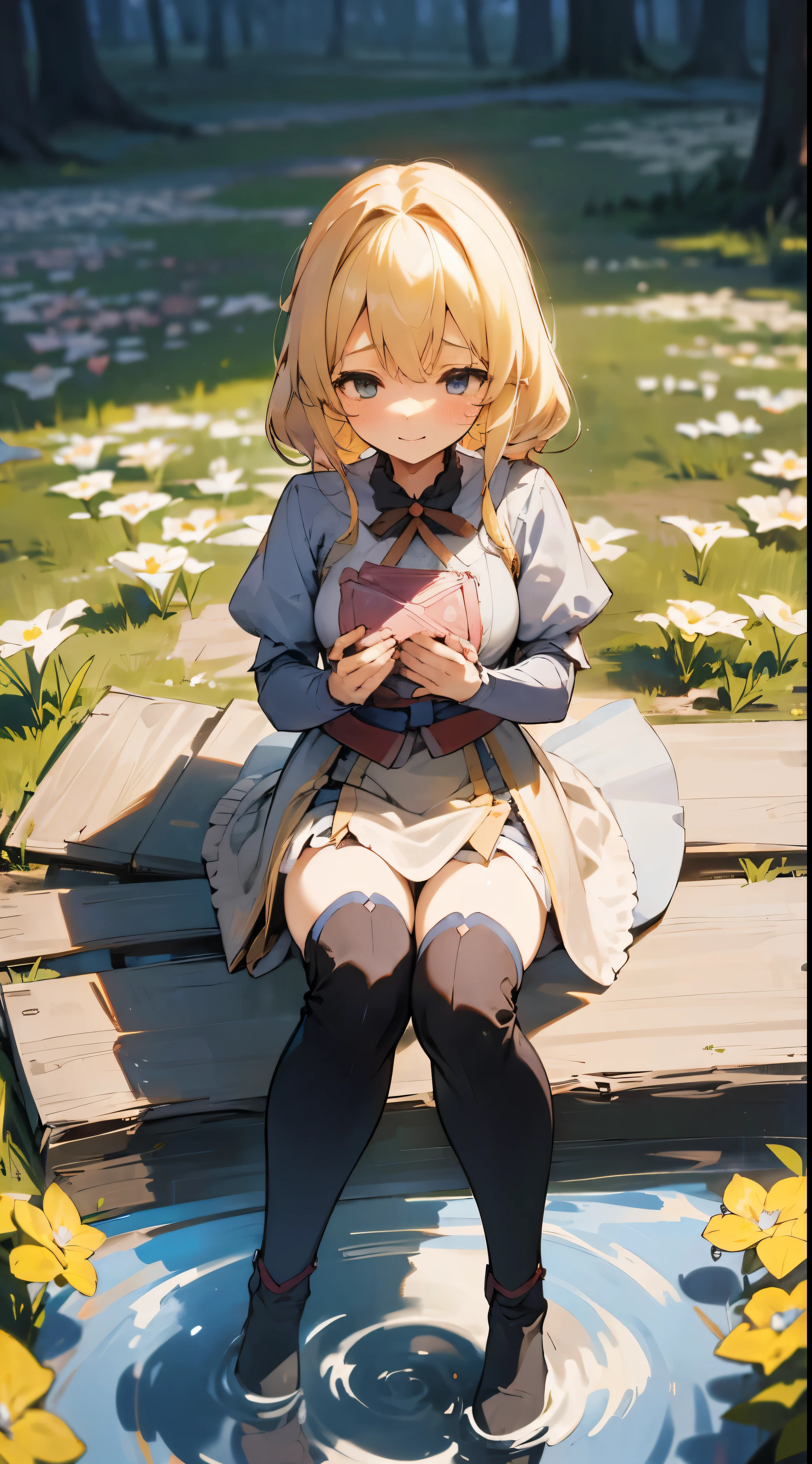 anime styled, The ultra -The high-definition, alice in the wonderland, Super cute girl, ((a blond:1.4)), ((long:1.4)), shame, Shyness is a shy smile, light blue fluttering short dress, frilldの付いた白いエプロンスカートを重ねる, frilld, A large white ribbon is tied behind the waist of the dress.. , B-cup breast, Light blue fluttering mini skirt, ソックスは爪先から太ももの半ばあたりまであるlongい白色のknee high, ((knee high:1.4)), and draw the full body, in the forest where bright sunlight shines through, Clothes are disheveled、Chest exposed, teatsが見えている, ((teats:1.4)), Her skirt is disarrayed and her crotch is visible.., 股のFemale genitalsが見えている, ((Female genitals:1.4)), pee, お漏らししてpeeが股から勢いよく出ている, Lying on the ground, lying on one's side, Urine excreted on the ground around the waist forms a small puddle., ((pissing:1.5)), i'Hold out your hand as if inviting me here, Looking here, Draw a girl from a random direction