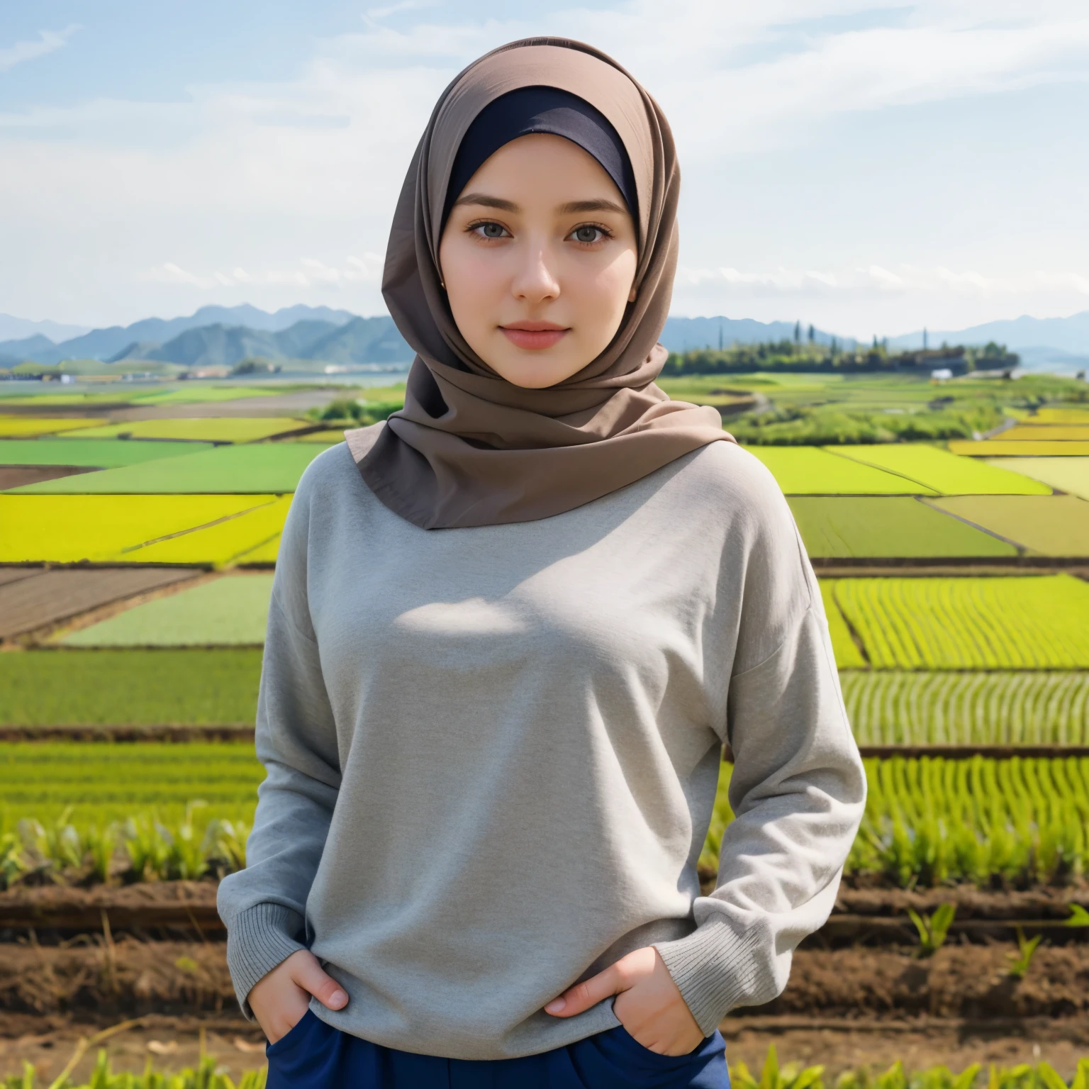 1 Girl, Beautiful, Russian , 28 Years Old, White Skin, Hijab, orange sweater, grey long pants, Big Chest, looking directly at the camera, rice fields Background, beautiful pose, full body: 1.3, 8k uhd, dslr, (realistic face), realistic eyes, beautiful detailed eyes, (realistic skin), beautiful skin, ultra high res, ultra realistic, highly detailed, (masterpiece:1.2), (best quality:1.3), standing,