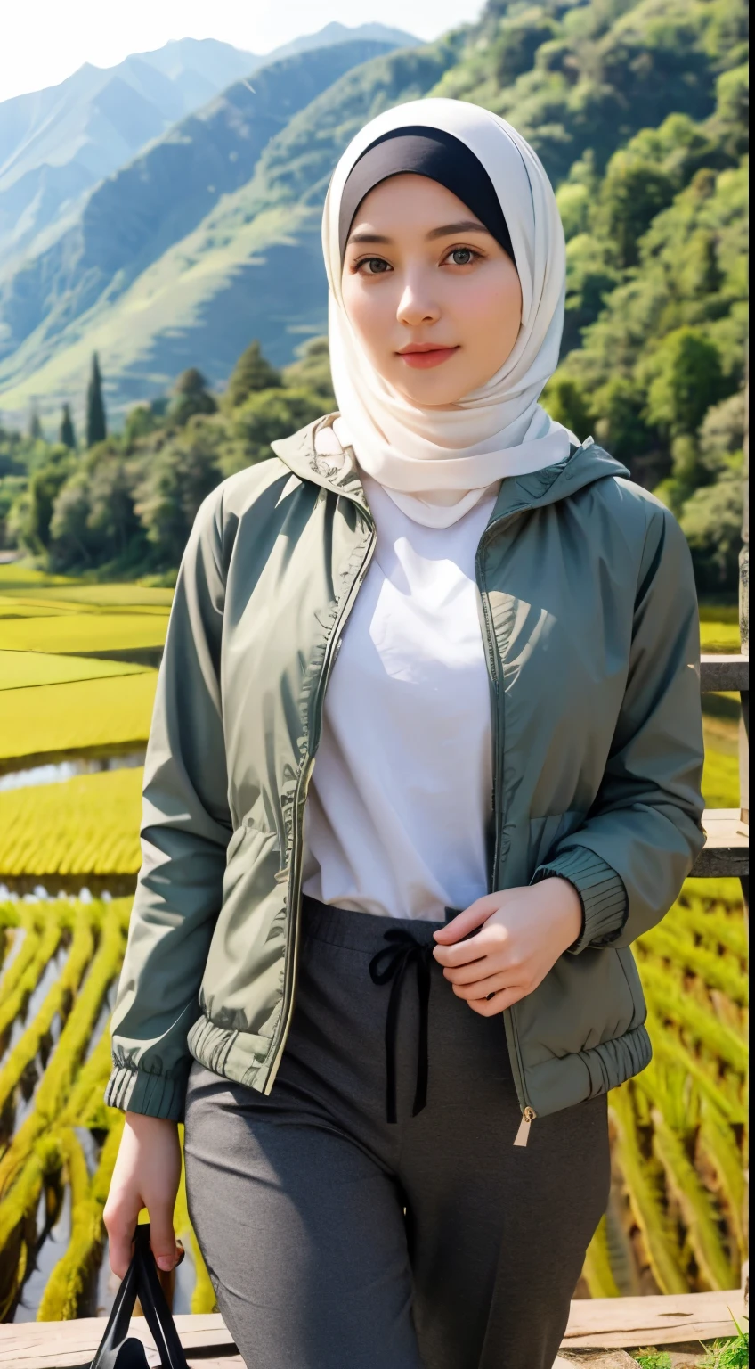 1 Girl, Beautiful, Russian Baby Face, 28 Years Old, White Skin, Hijab, green jacket, grey long pants, Big Chest, looking directly at the camera, rice fields Background, beautiful pose, full body: 1.3, 8k uhd, dslr, (realistic face), realistic eyes, beautiful detailed eyes, (realistic skin), beautiful skin, ultra high resolution, ultra realistic, highly detailed,