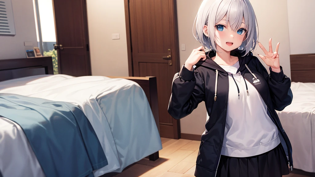 Ultra-high image quality,Look at viewers, hands behind back, girl with, 20 years old, Very short hair, long bangs between eyes, blue eyess,Black eyes, Hoodie, Skirt , Extremely detailed,(masterpiece、top-quality),White hair、A smile、Fantastical, Silver hair,, Hoodie, White hoodie,a black skirt,Hair is short,White jacket, Casual style,Open jacket, , look down from above、open open mouth、5 fingers、inside in room、sleeps in a bed、