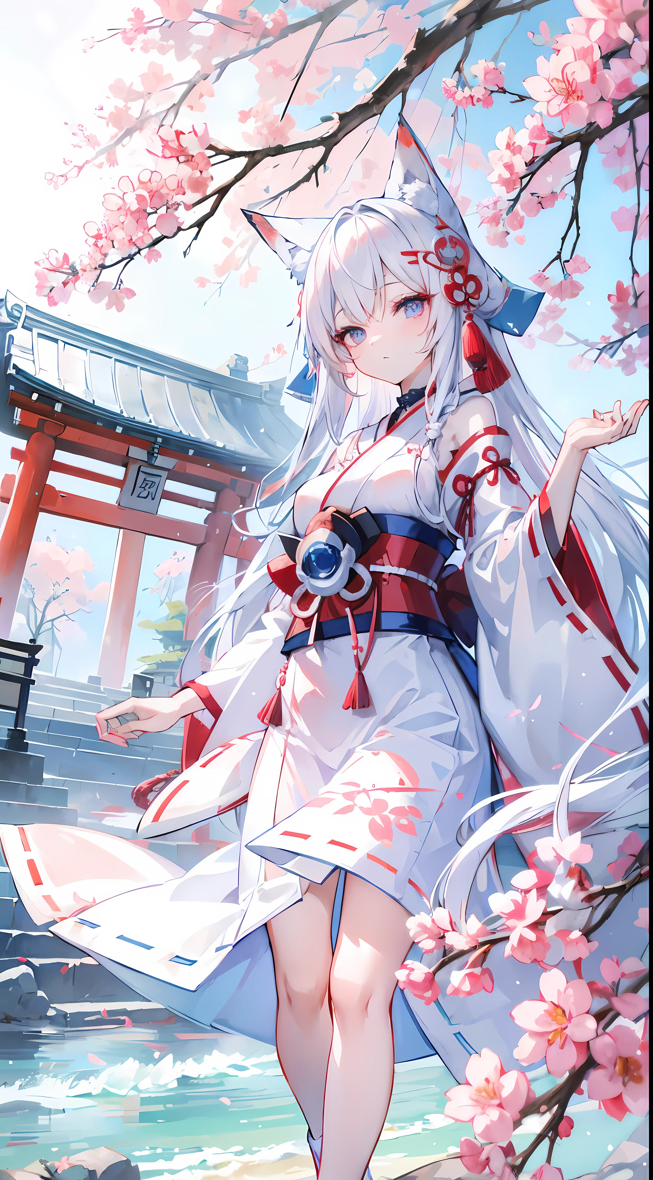 1 fox girl,change , Long white hair, Blue and pink eyes, Wearing white and red Miko dress, A Japanese shrine, Ridiculous resources, A high resolution, Super sharp, Anime art wallpaper 4k, tmasterpiece, looking at viewert