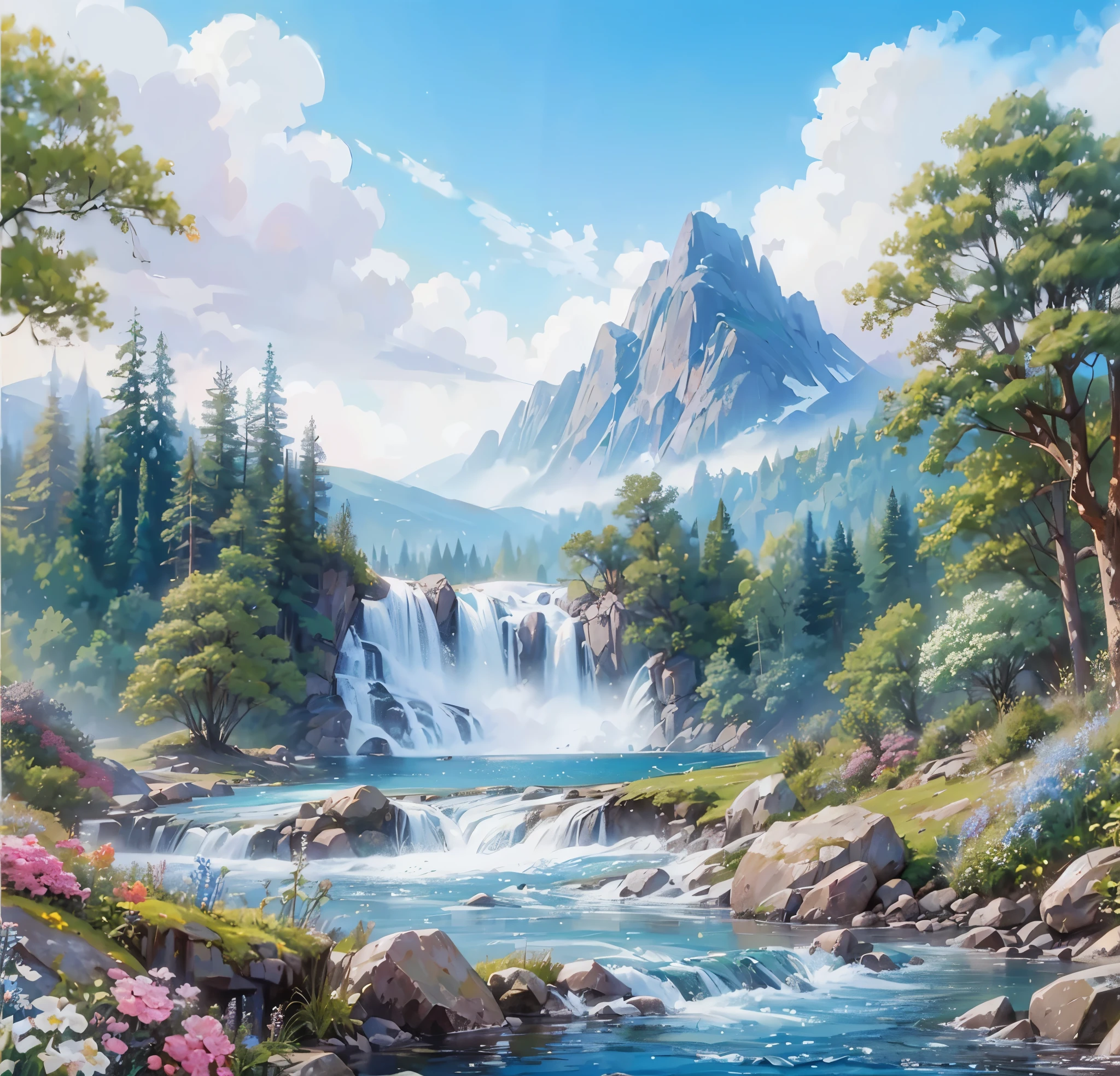 painting of a waterfall in a forest with a mountain in the background, with trees and waterfalls, waterfall backdrop, really beautiful nature, beautiful nature, nature painting, nature in all its beauty, scenery artwork, detailed scenery —width 672, incredibly beautiful, majestic nature scenery, with waterfalls and river, waterfalls and lakes, a beautiful landscape, amazing landscape, traditional art, masterpiece, best quality:1.2),,(8k,highres,RAW photo,realistic,photo-realistic:1.3),(detailed skin texture,detailed cloth texture,beautiful detailed face:1.25),professional lighting,photon mapping,beautiful soft light,radiosity,physically-based rendering,raytracing, model shoot style, model shoot style, (extremely detailed CG unity 8k wallpaper), full shot body photo of the most beautiful artwork in the world,